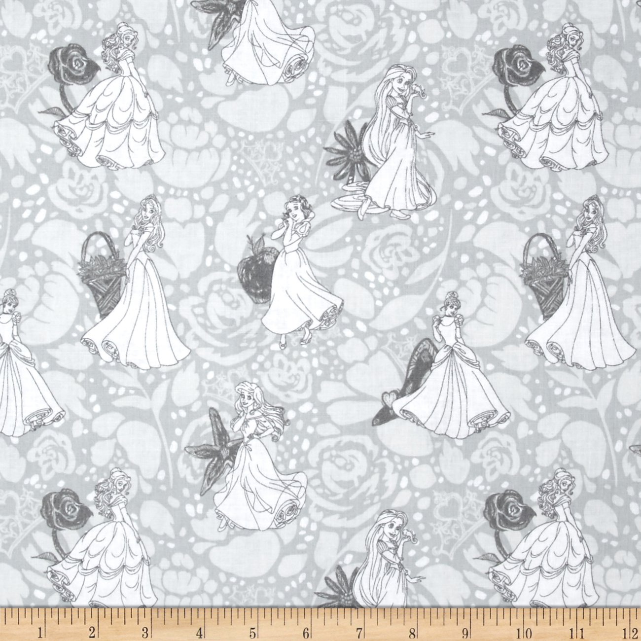 Disney Princess Line Drawing Grey Quilt Fabric by Eugene Textiles - Premium Cotton Fabric for Quilting, Sewing & DIY Crafts - Perfect for Bedding, Home Decor & Gift Making