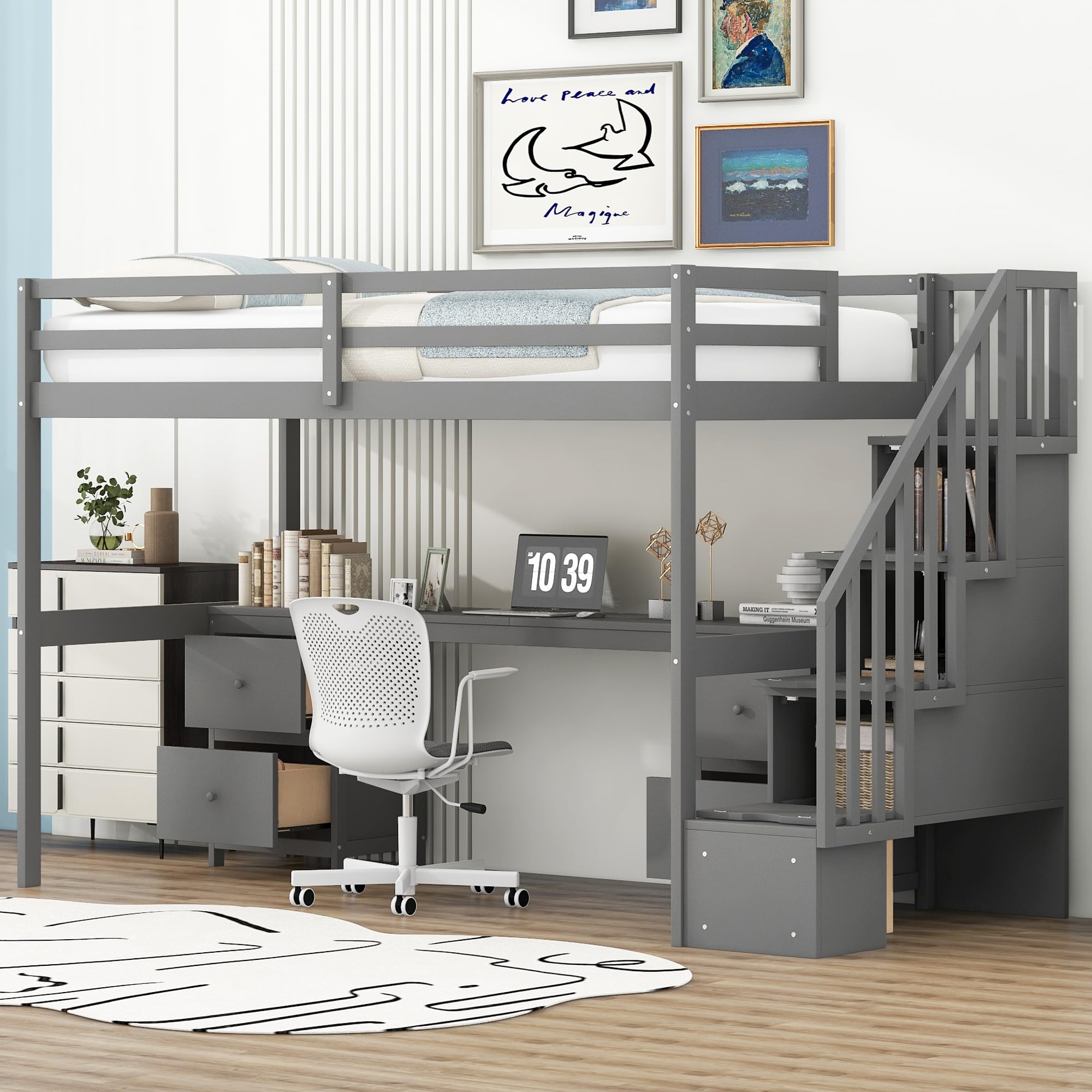 Harper & Bright Designs Twin Size Wood Loft Bed with Stairs, Desk & Storage Drawers - Space Saving Kids Bedroom Furniture for Small Rooms, Dorm or Apartment