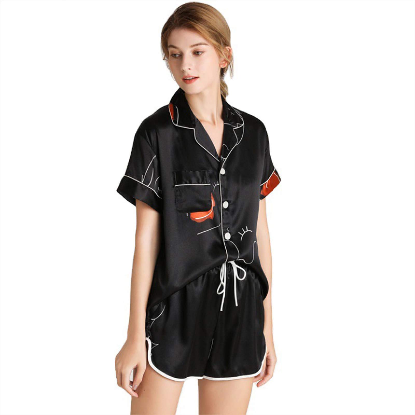 FMOGG Women's Silk Pajama Set - Short Sleeve Button Down Top & Shorts, Soft Breathable Sleepwear for Summer, 2-Piece Nightwear for Women & Girls | Perfect for Home Lounging, Sleepovers & Vacation Getaways