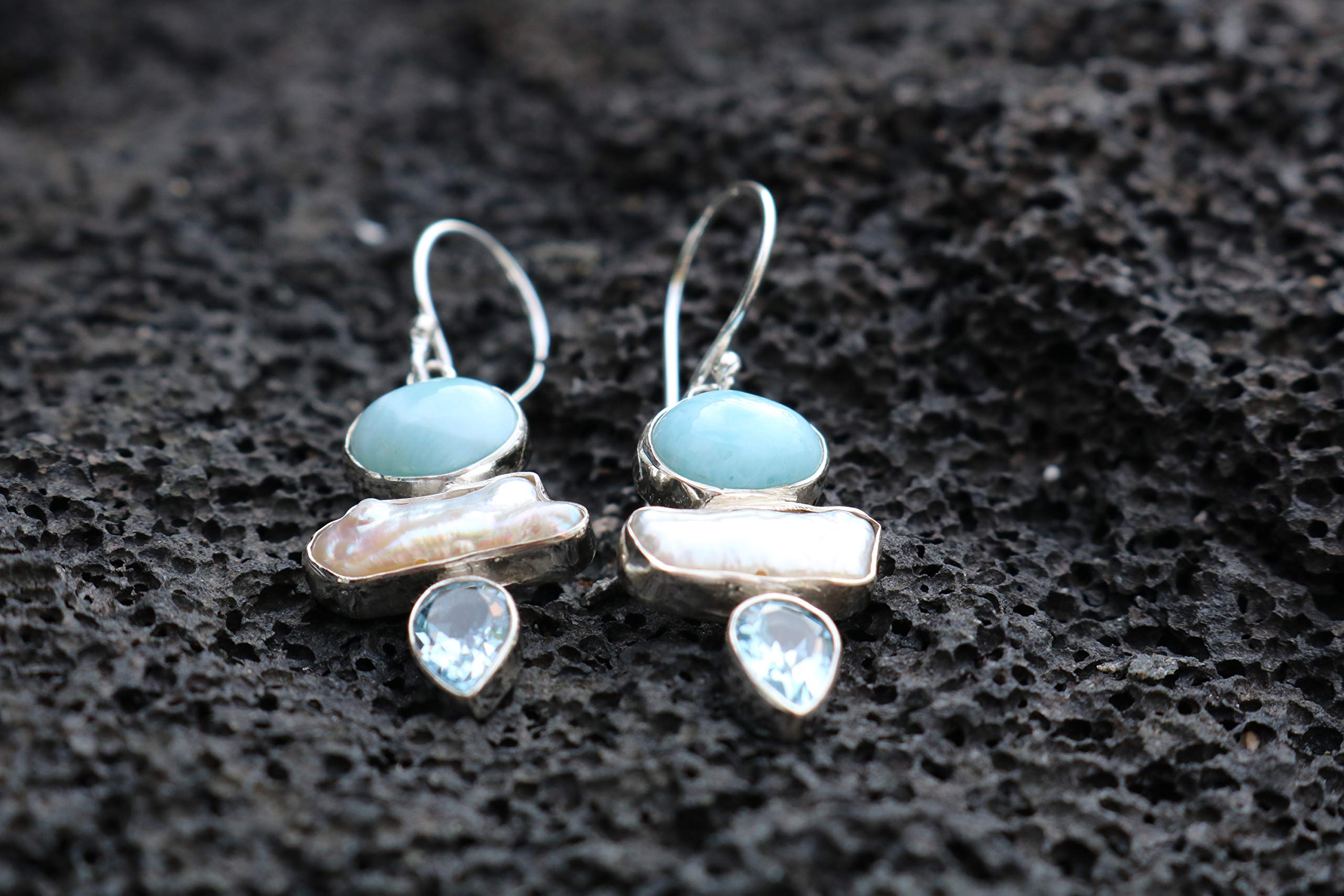 Larimar Pearl Blue Topaz Earrings - Sterling Silver Jewelry for Women - Elegant Dangle Earrings for Parties, Weddings & Special Occasions
