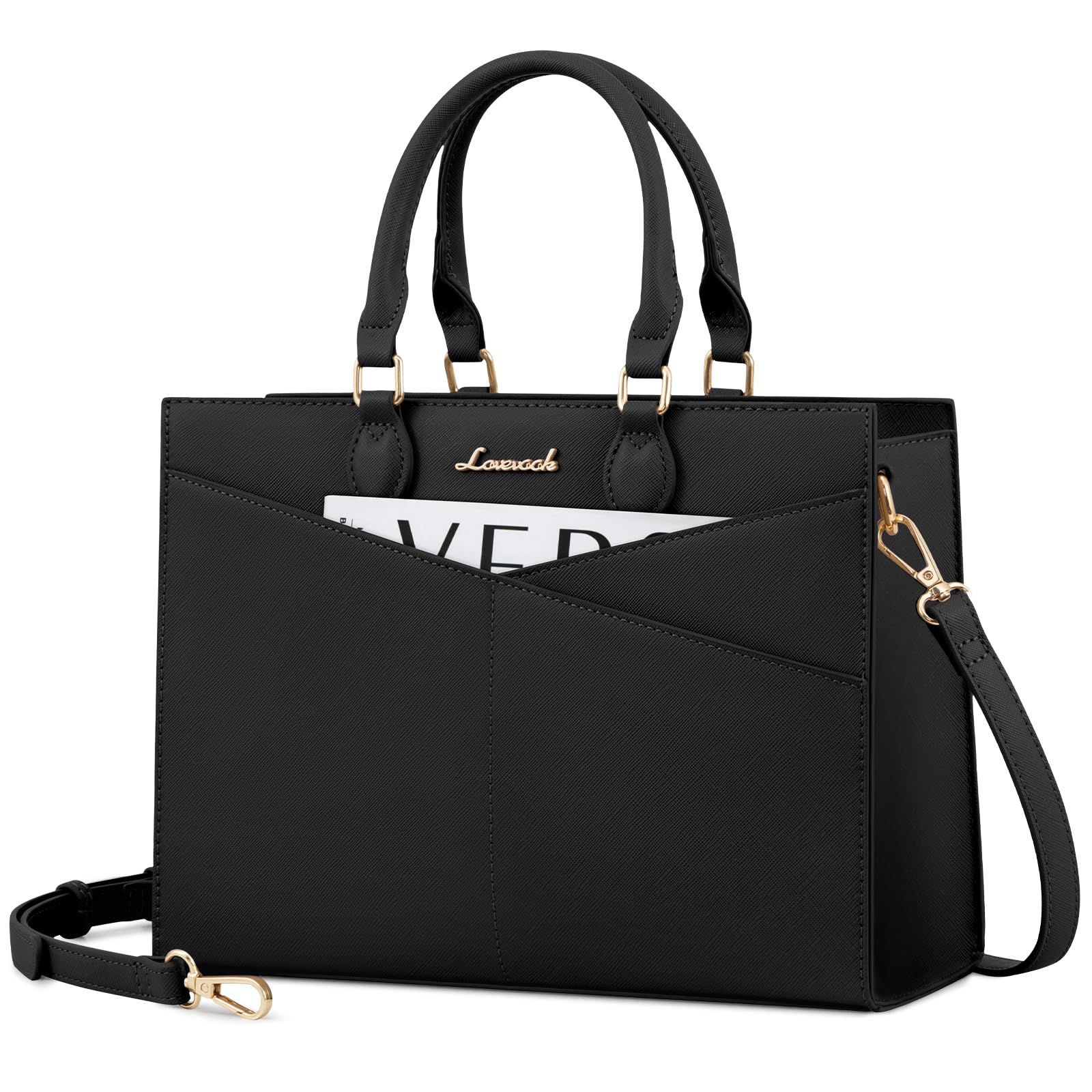 LOVEVOOK Women's Leather Satchel Handbag - Black PU Leather Tote Shoulder Bag with Zipper, Crossbody & Top Handle Purse for Work, Travel & Everyday Use