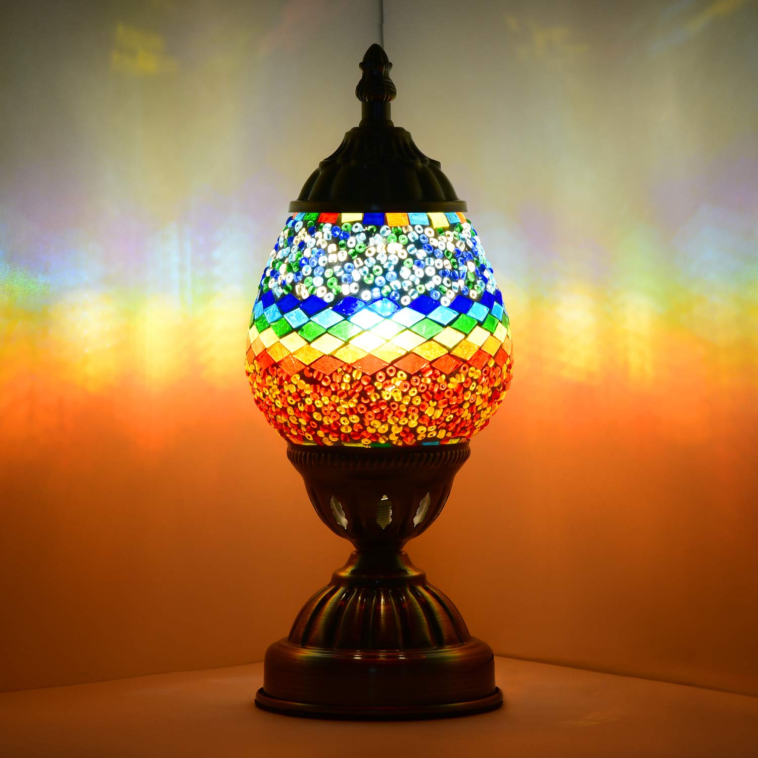 Handmade Turkish Mosaic Table Lamp - Blue & Yellow Moroccan Style Glass Desk Lamp for Bedroom, Living Room, Office Decor