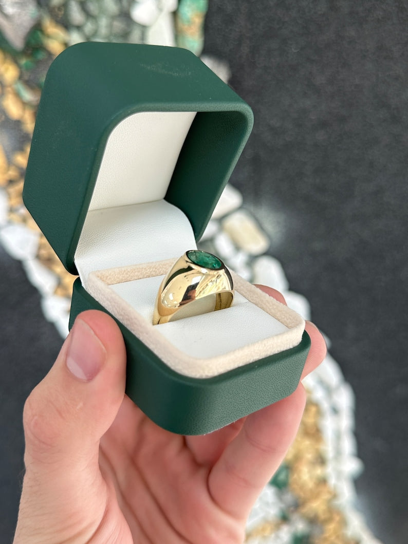 2.60ct 14K Gold Men's Chunky Solitaire Oval Cut Natural Medium Dark Green Emerald Statement Ring for Wedding, Engagement & Special Occasions