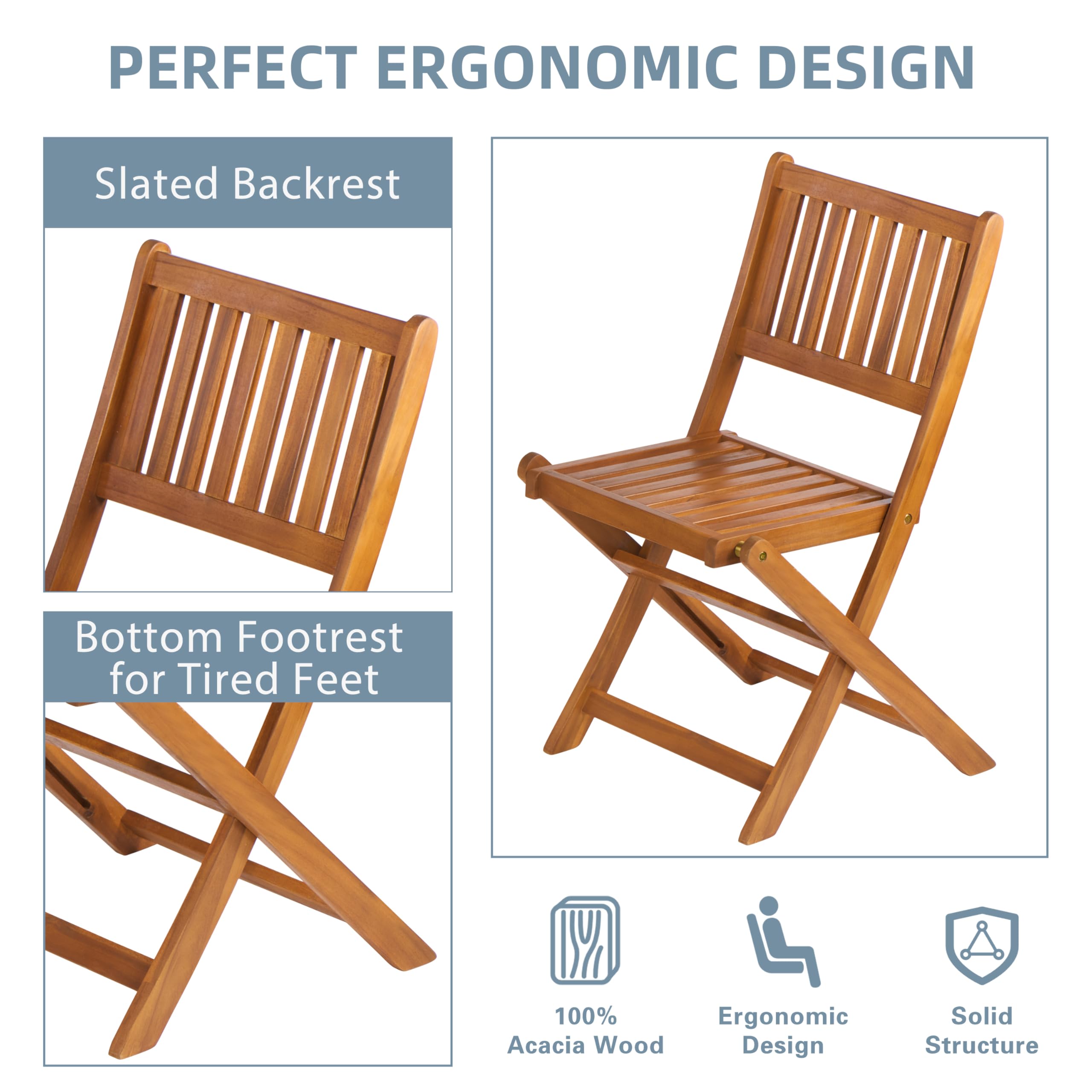 Mederlo 3-Piece Acacia Wood Bistro Set - Outdoor Folding Patio Furniture with 1 Coffee Table & 2 Chairs for Garden, Backyard, Balcony, Porch | Perfect for Small Spaces, Coffee Breaks & Relaxing Outdoors