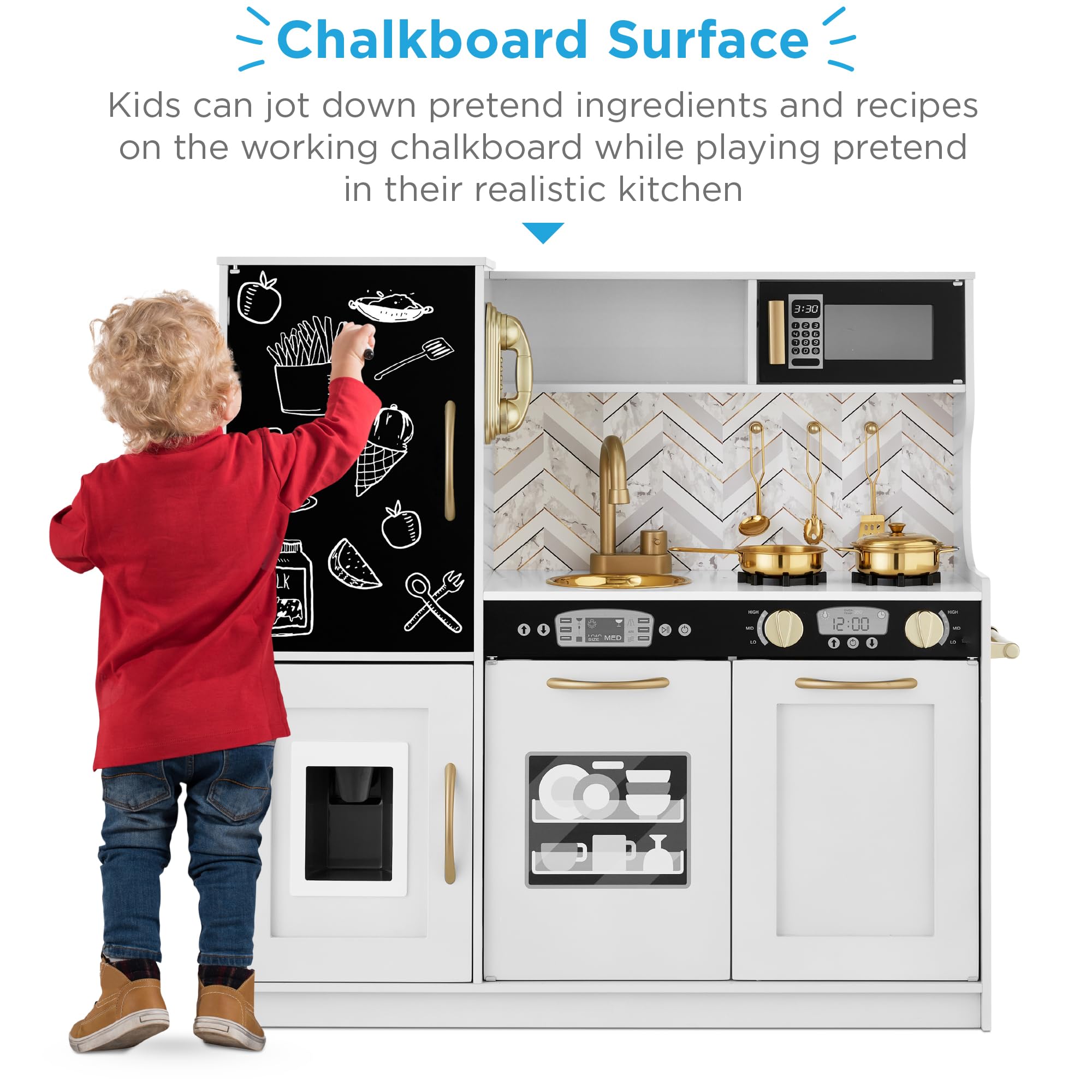 Best Wooden Pretend Play Kitchen Toy Set for Kids - Realistic Design with Oven, Microwave, Sink, Telephone & Utensils - White Bevel Finish - Perfect for Role Play, Preschool Learning & Birthday Gifts
