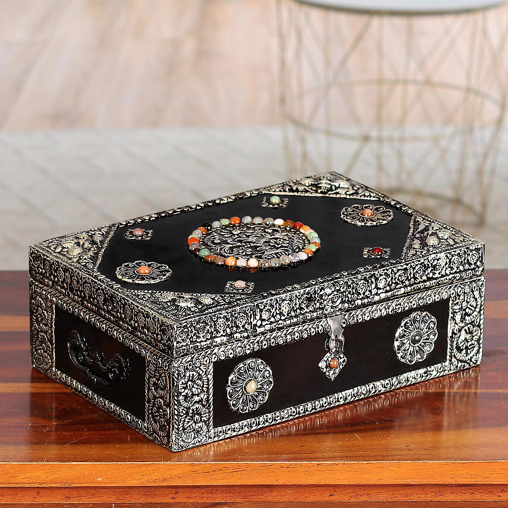 Handmade Nickel Repousse Mango Wood Jewelry Box with Glass Accents - Antique Sophisticated Gift for Women | Perfect for Jewelry Storage, Home Decor & Wedding Present