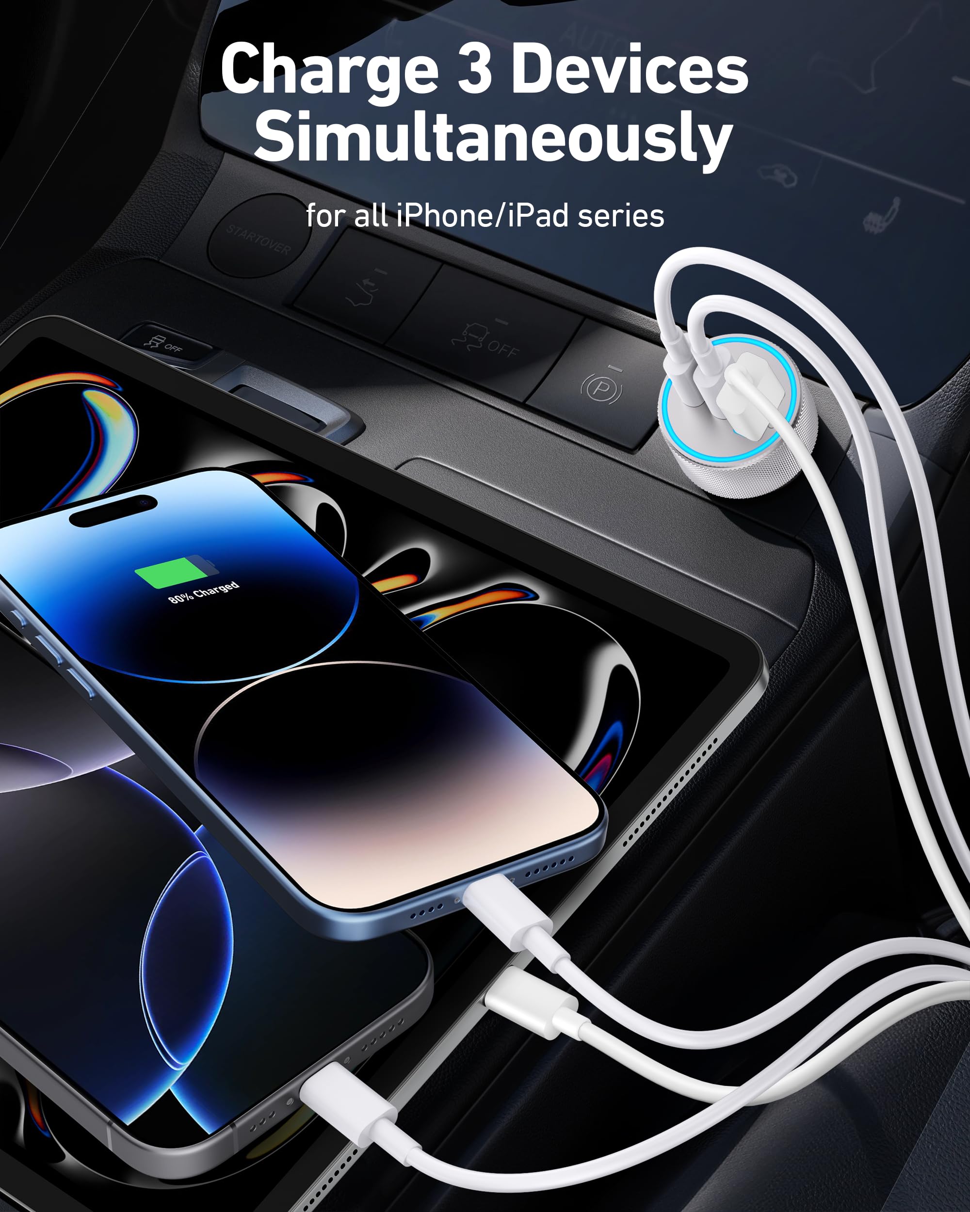 3-in-1 67W Fast Car Charger for iPhone - Dual USB C & USB A Ports with 2Pack USB-C & Lightning Cables - Compatible with iPhone 16/16 Pro Max/15/15 Pro/14/13/12 & iPad - Perfect for Road Trips & Daily Commutes