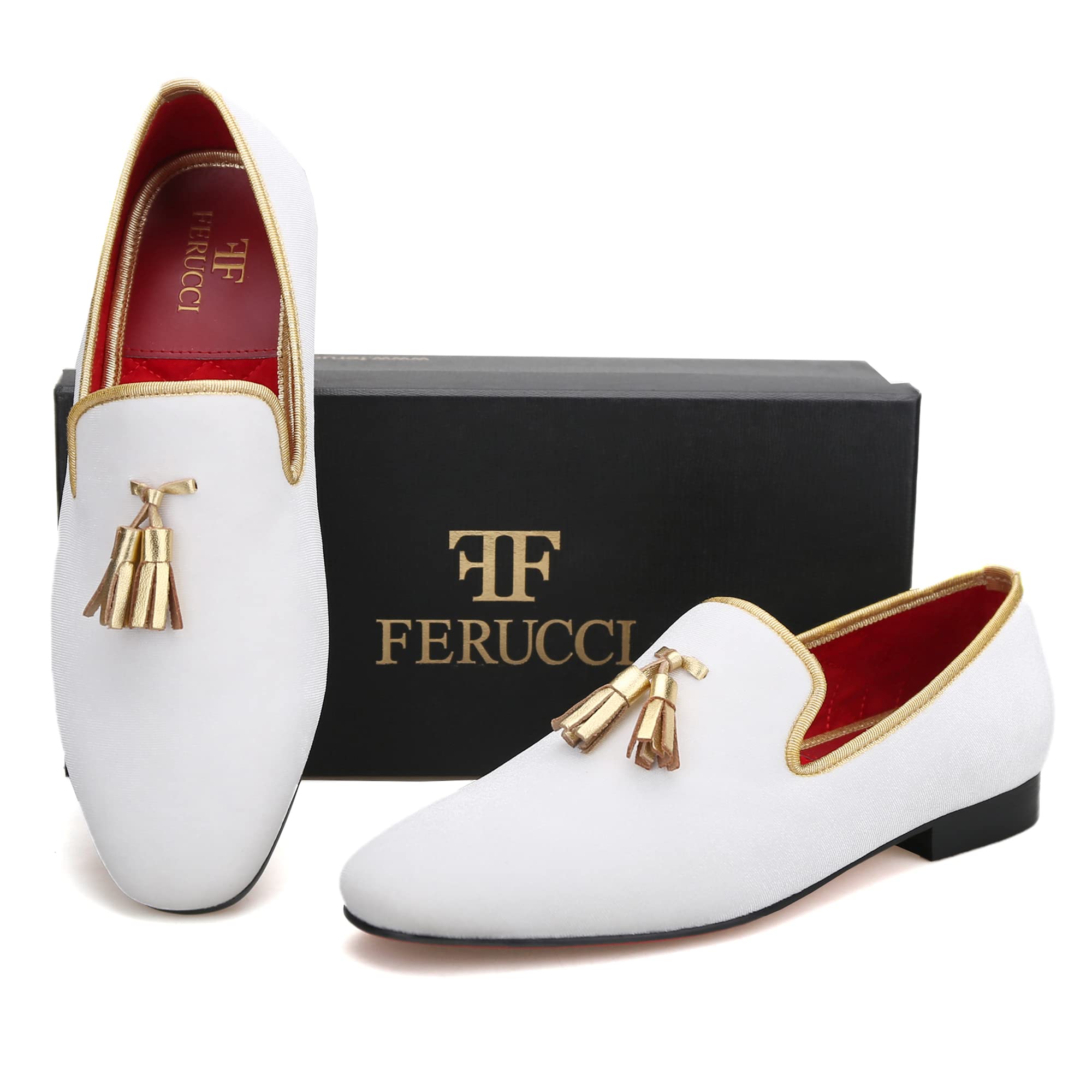 FERUCCI Men's White Velvet Loafers with Gold Tassel - Square Toe Formal Slippers for Wedding, Prom & Special Occasions - Comfortable Dress Shoes for Evening Events & Parties