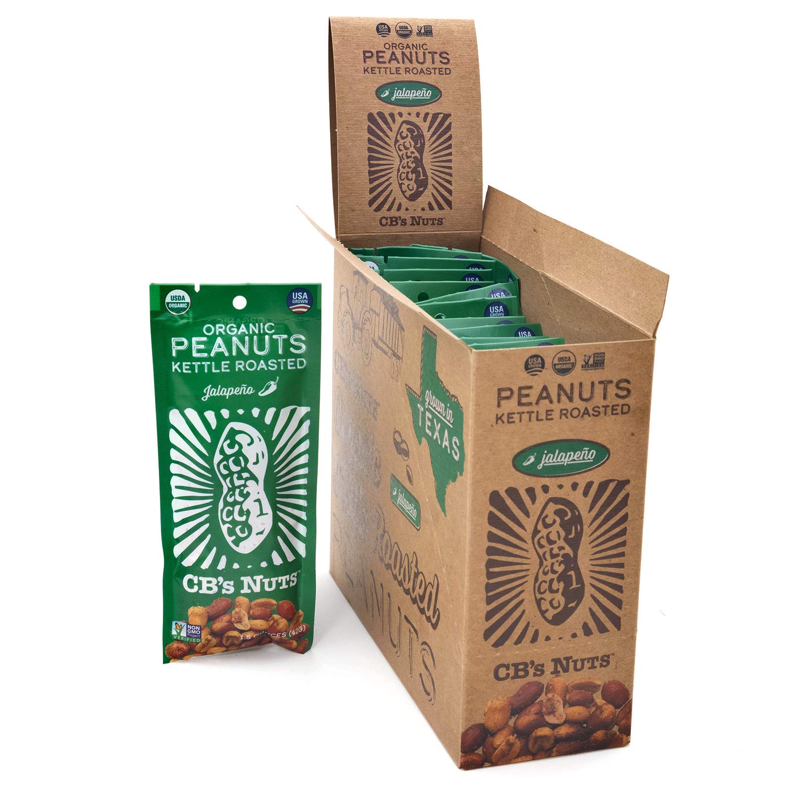 Organic Kettle Roasted Jalapeno Peanuts - 12 Pack (1.5 oz Each) | Gluten-Free Snacks for Parties, Hiking & Healthy On-the-Go Nutrition