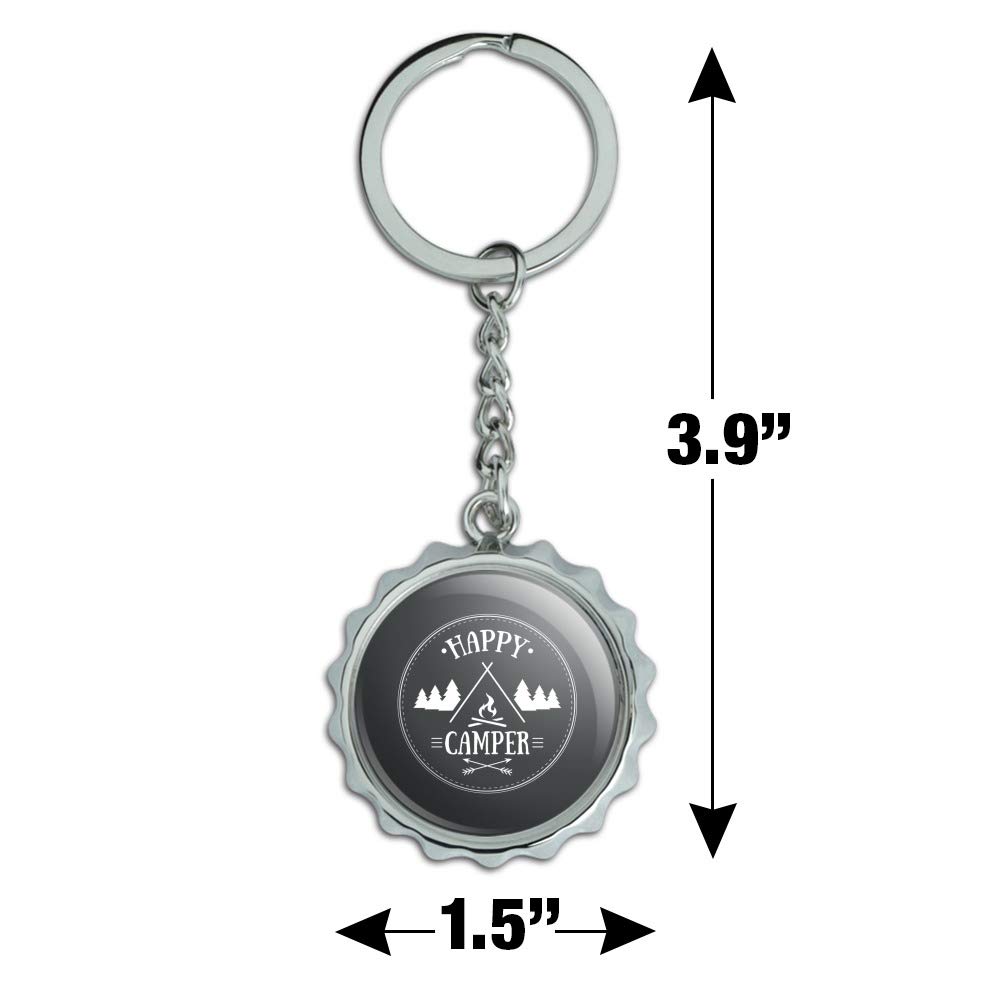 Happy Camper with Campfire Keychain - Chrome Plated Metal Bottle Opener for Beer & Soda - Perfect for Camping, Hiking, Travel & Outdoor Adventures
