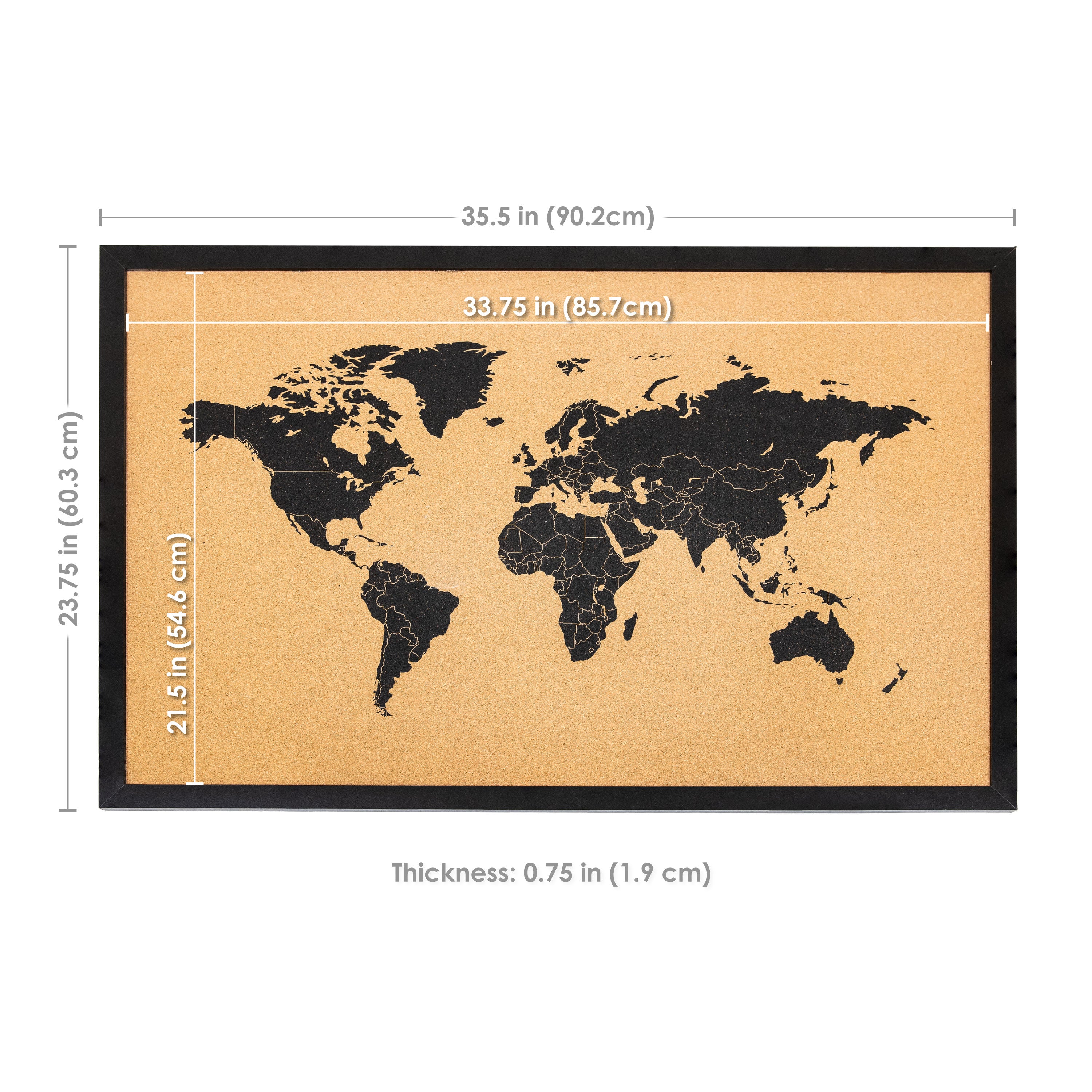 World Map Cork Bulletin Board with Push Pins - 35.5