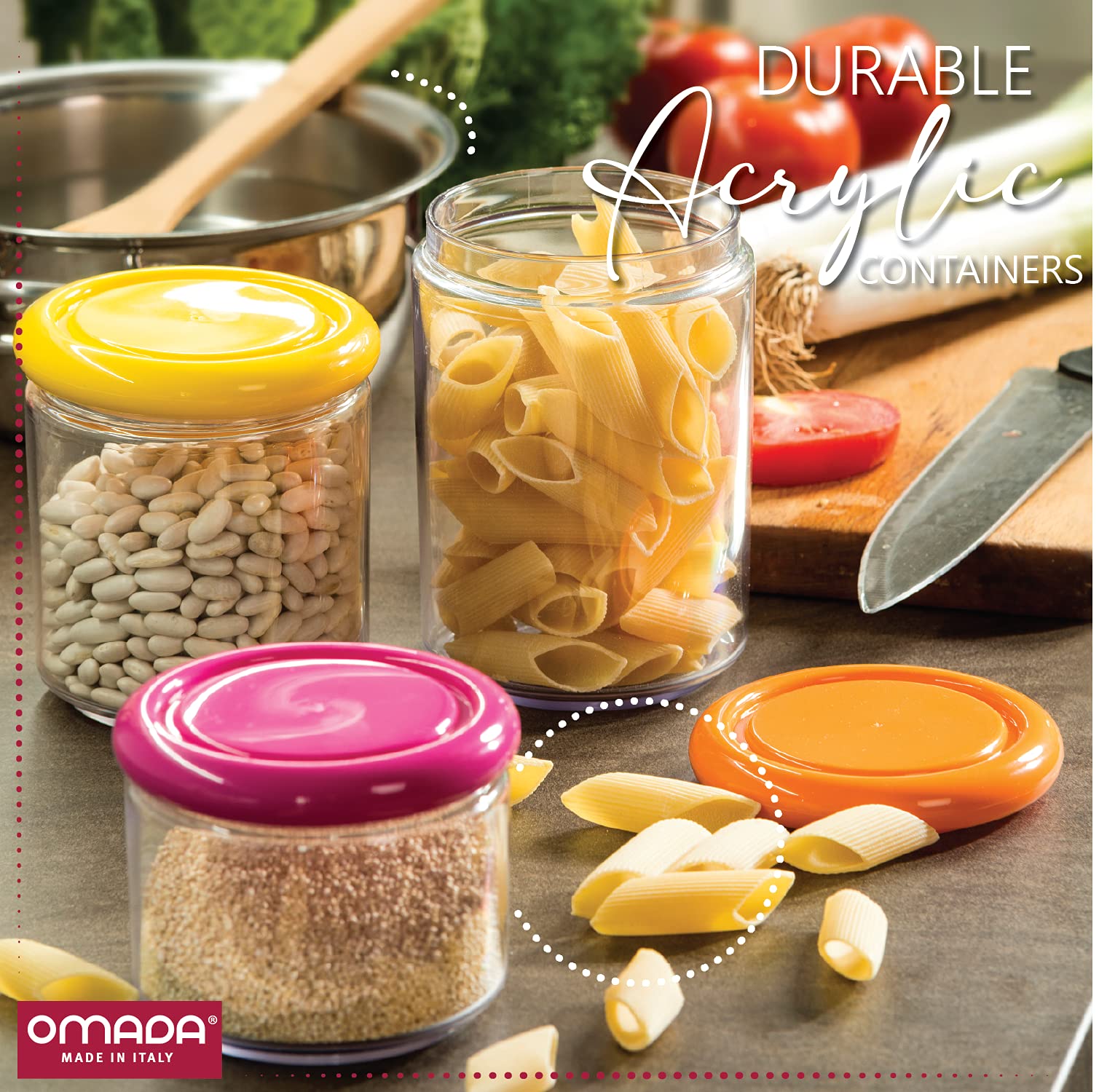 Omada Airtight Acrylic Food Storage Containers - 33.8oz Clear Kitchen Canisters for Sugar, Flour, Pasta & Dry Goods | BPA-Free, Dishwasher Safe with Green Lid | Perfect for Pantry Organization, Baking Supplies & Office Storage