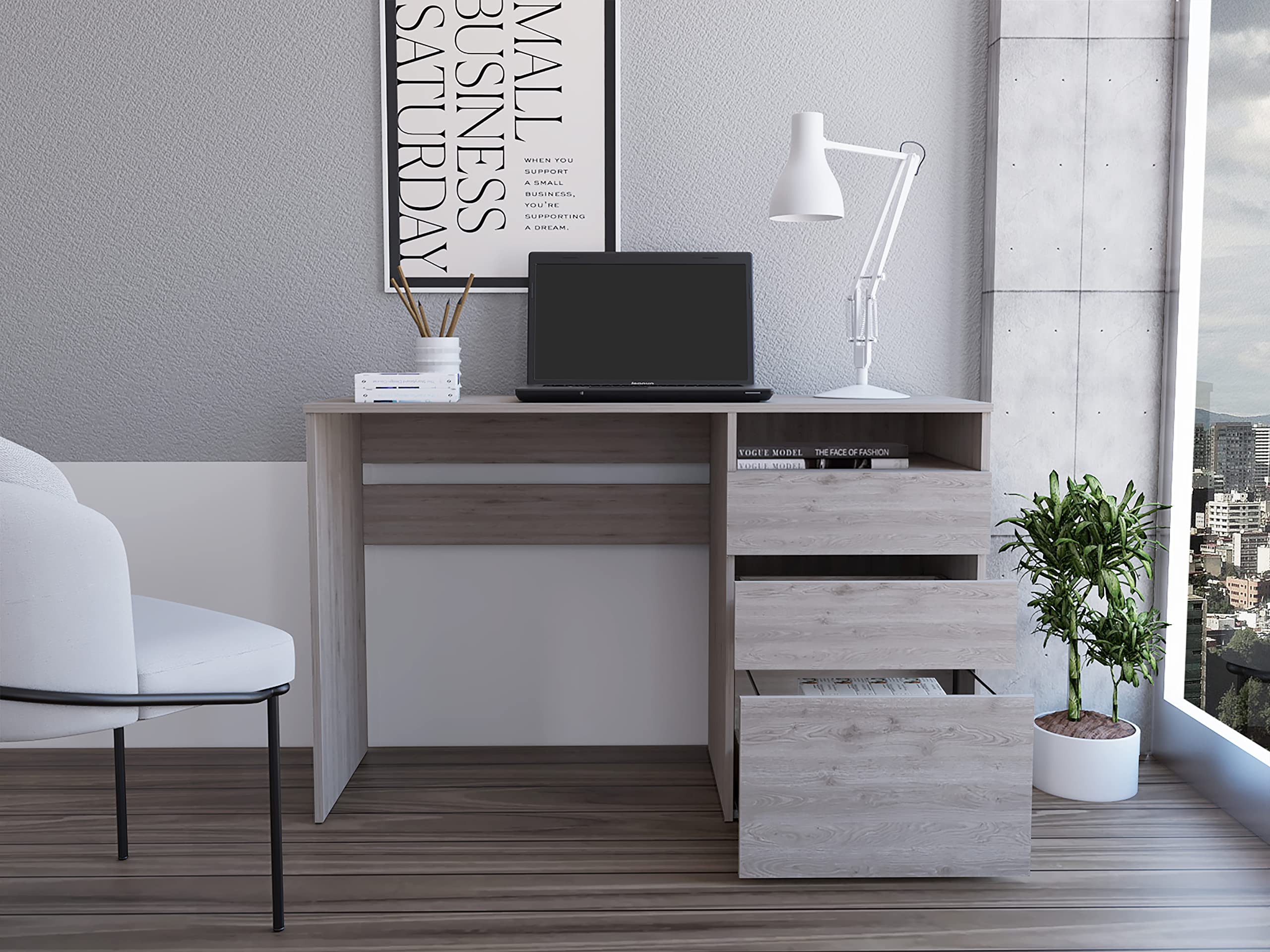 Kenai Computer Desk with 3 Drawers & Open Shelf - Light Gray Home Office Desk for Small Spaces, Gaming & Study - Sturdy Writing Desk with Storage