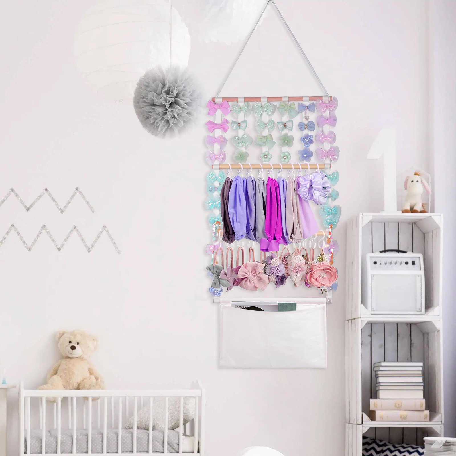 Nerien Macrame Wood Headband Holder - Hair Bow Organizer for Girls, Baby & Toddler - Wall Hanging Storage for Hair Ribbons, Ties & Clips - Includes 20 Hooks - Perfect for Bedroom, Bathroom & Shower Room Organization