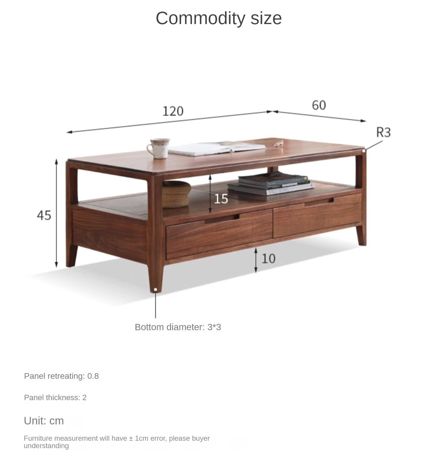 Solid Black Walnut Wood Coffee Table with 4 Drawers - Rustic Modern Living Room Furniture for Home Decor