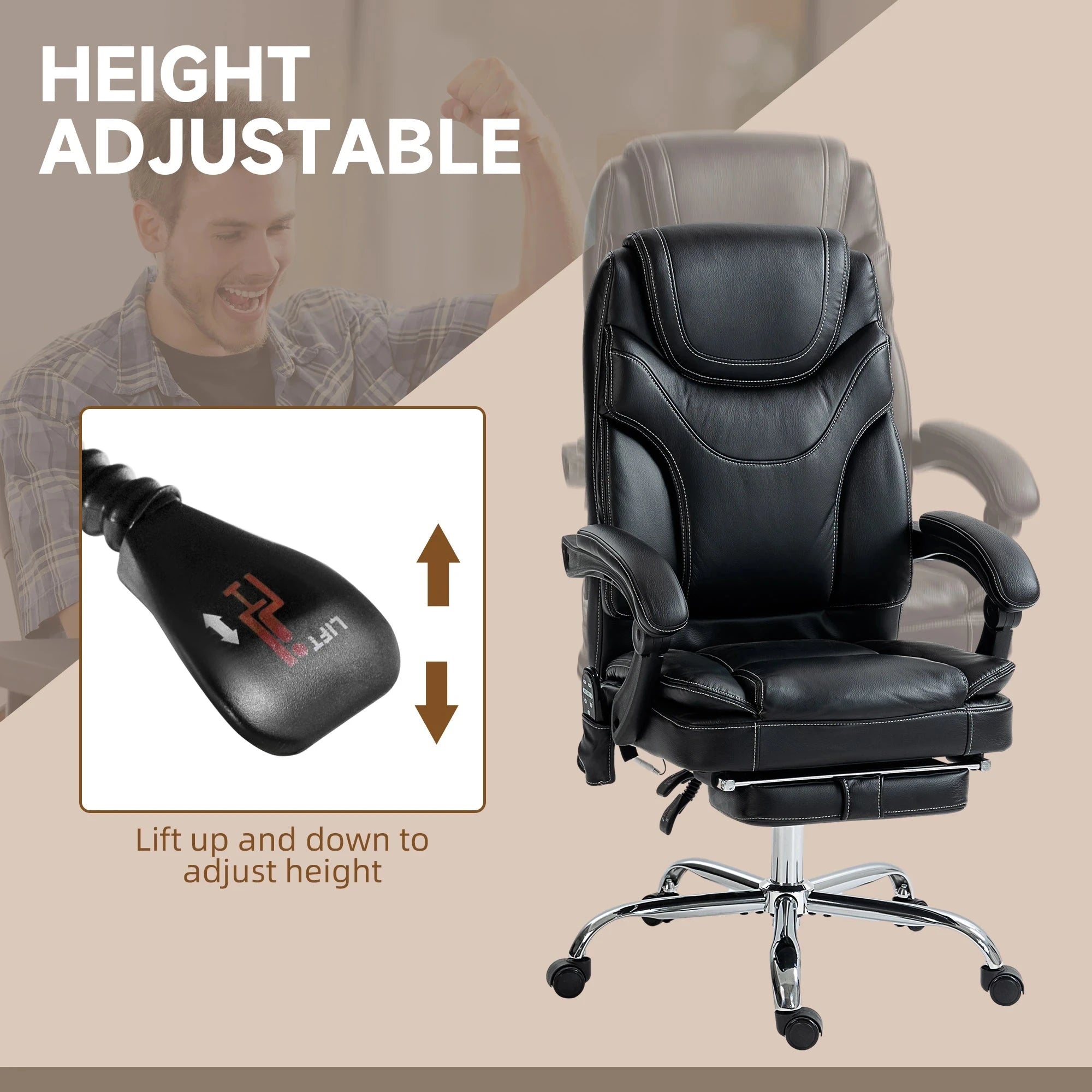 Premium Faux Leather Heated Massage Office Chair with 6-Point Vibration System - Black & Brown Options - Perfect for Home Office, Gaming, and Relaxation