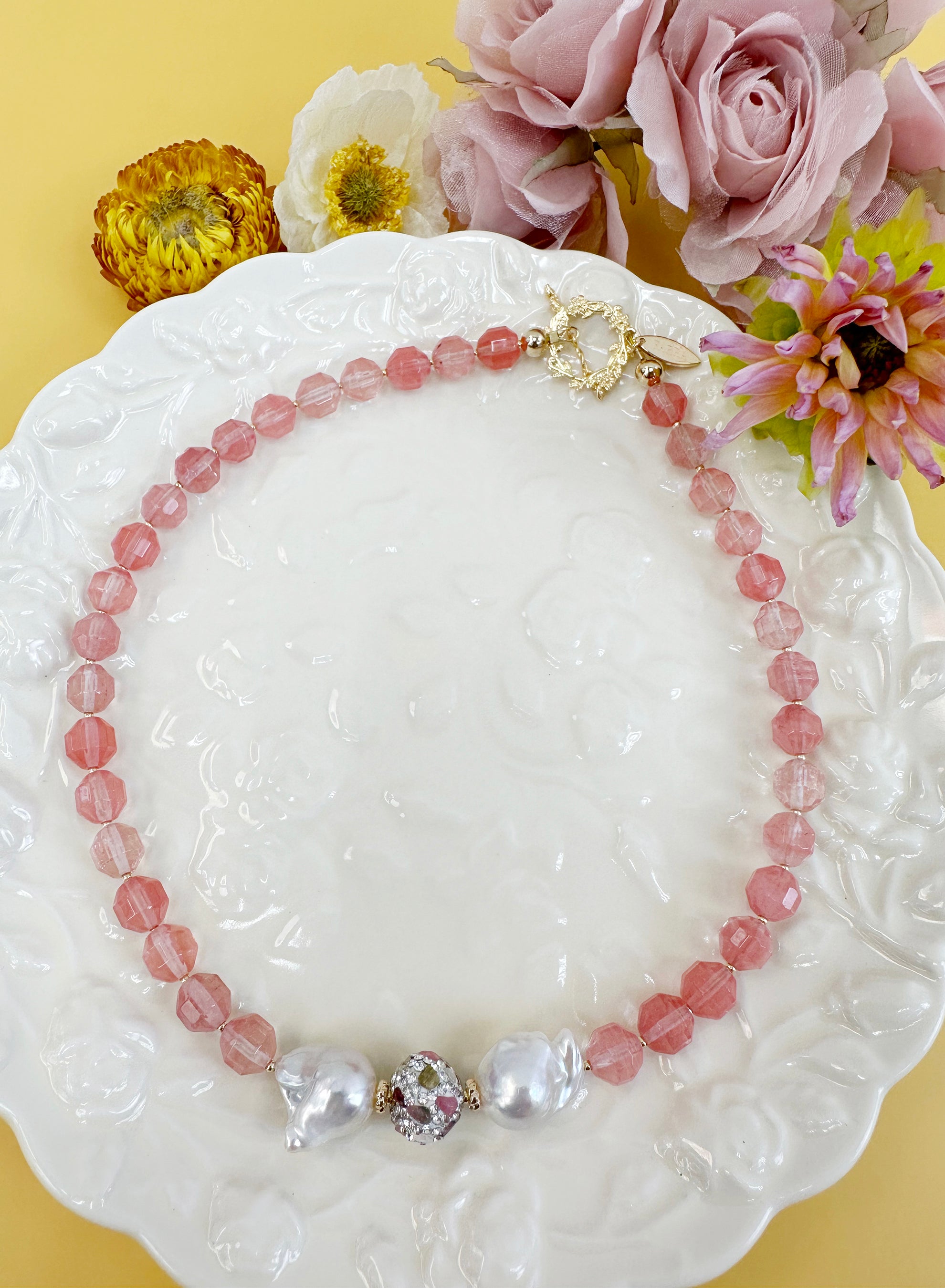 Watermelon Quartz & Baroque Pearls Statement Necklace JN009 | Elegant Jewelry for Women, Perfect for Weddings, Parties & Special Occasions