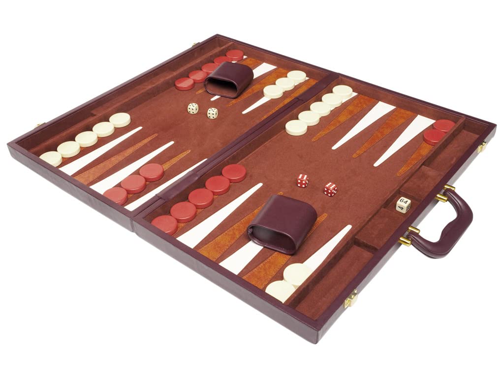 Premium 21-inch Wooden Backgammon Set with Brown Leather Board & White/Light Brown Points - Classic Strategy Game for Family Game Nights, Travel & Casino-Themed Parties