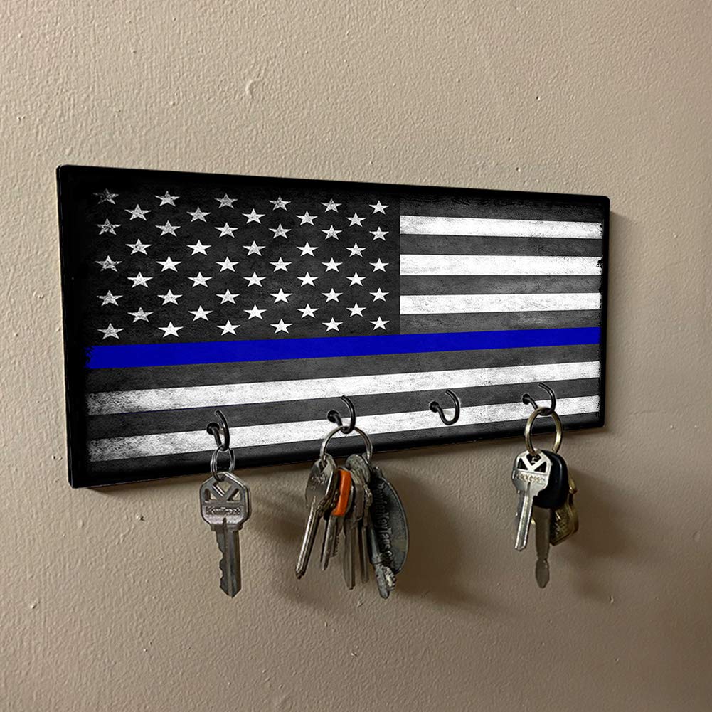 Thin Blue Line American Flag Key Holder - Wall Mount Key Organizer Rack for Home & Office - Law Enforcement Brotherhood Decor - Perfect for Keys, Rings & Hooks - Durable & Stylish Wall Hanger for Police Supporters