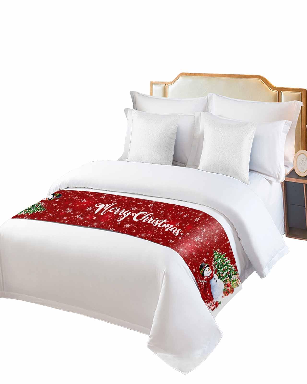Snowman Red Christmas Bed Runner for Queen Size Bed - Festive Holiday Bed Throw with Xmas Tree Balls & Snowflake Design - Perfect for Bedroom Decor, Sofa Cover, and Foot of Bed Protection During Winter Celebrations