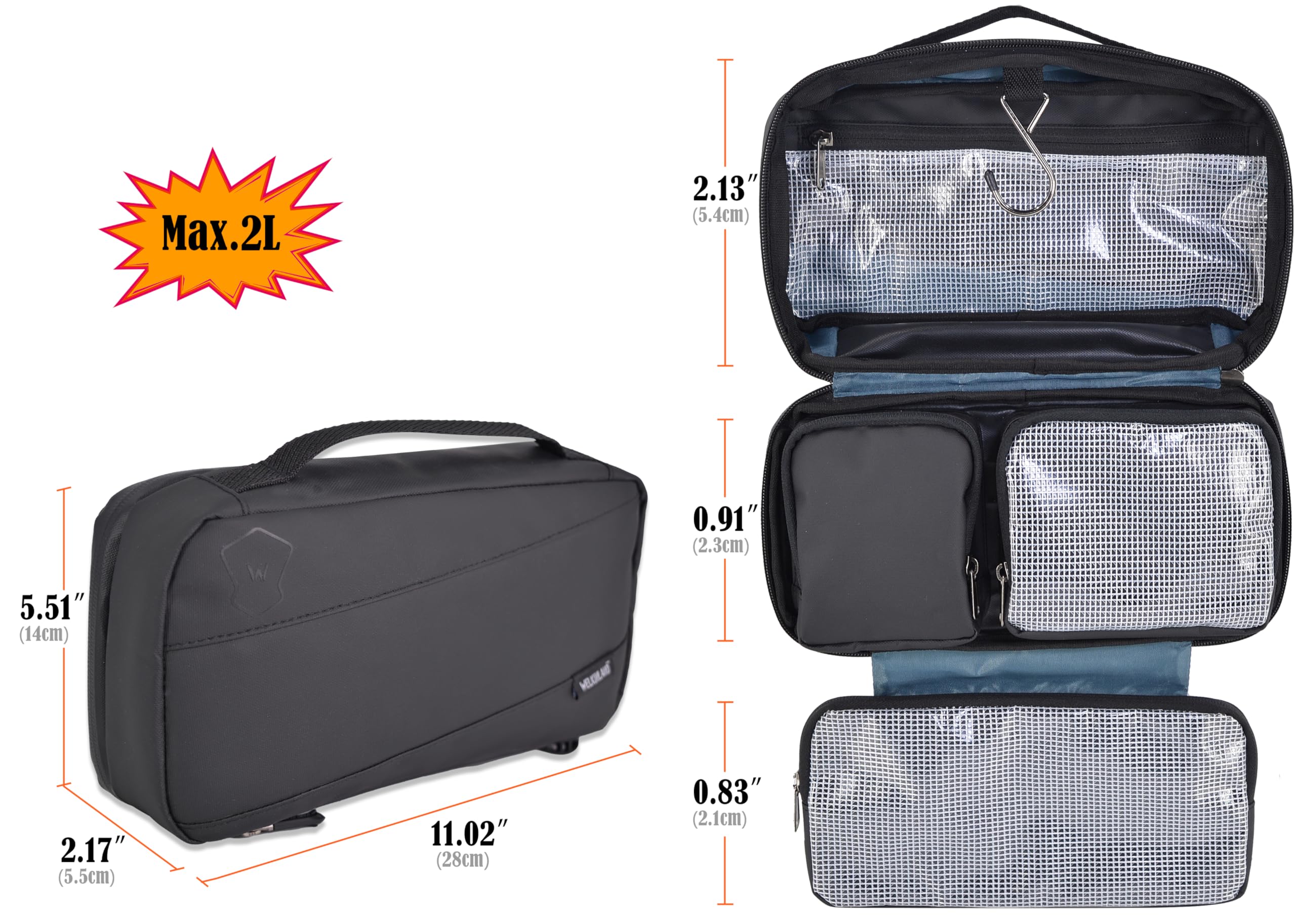 WELKINLAND 6-Pocket Hanging Toiletry Bag for Men - Waterproof Travel Shaving & Shower Organizer - Perfect for Gym, Camping, Business Trips & Overnight Stays (Black)