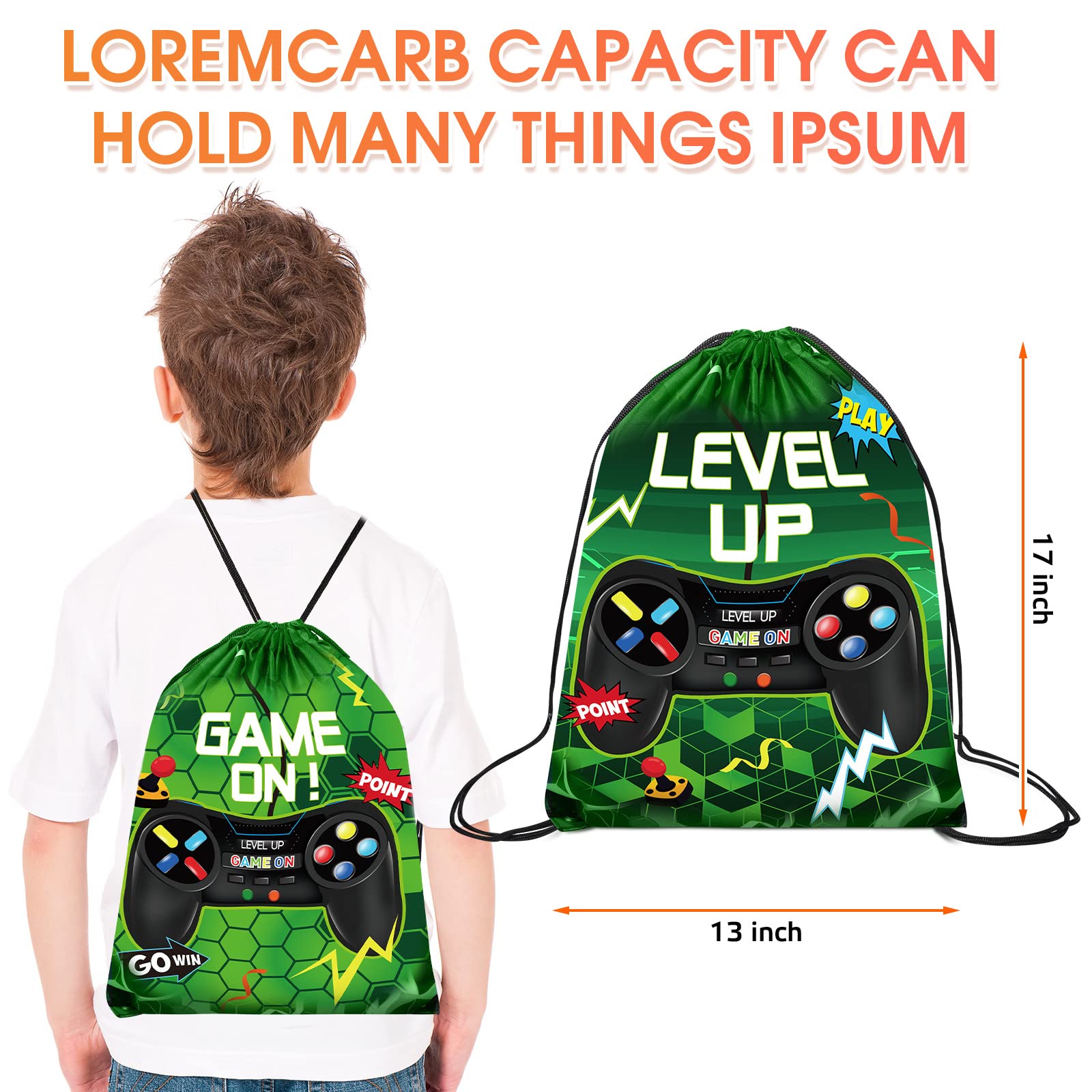 Eccliy 10-Pack Green Video Game Drawstring Favor Bags 17x13 Inch - Perfect for Gaming Parties, Birthday Goodie Bags & Loot Bags