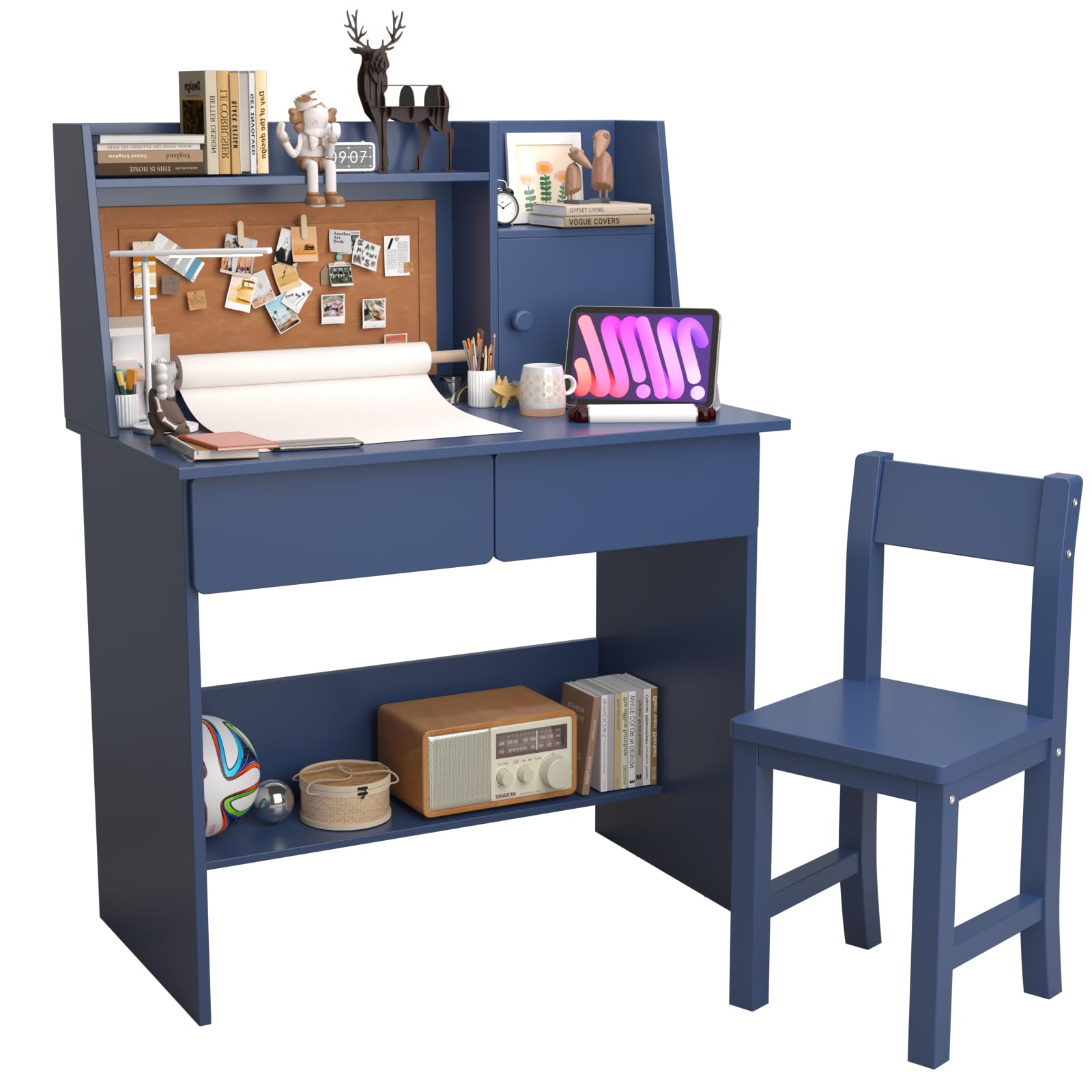 **Blue Kids Drawing Desk with Wooden Tabletop & Paper Roll Dispenser - Study Table with Drawers & Storage Shelf - Desk & Chair Set for Ages 5-12 - Perfect for Art, Homework & Creative Play**