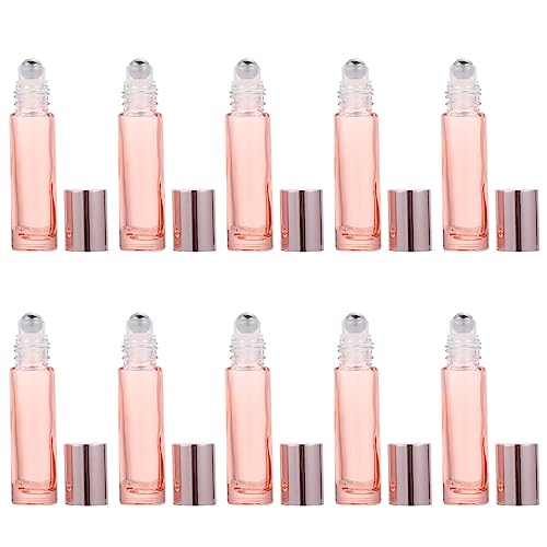 HEALLILY 10Pcs 10ml Glass Roll-on Bottles - Refillable Essential Oil Roller Bottles with Rolling Balls for Aromatherapy, Perfume & DIY Cosmetics | Travel & Home Use (Pink)
