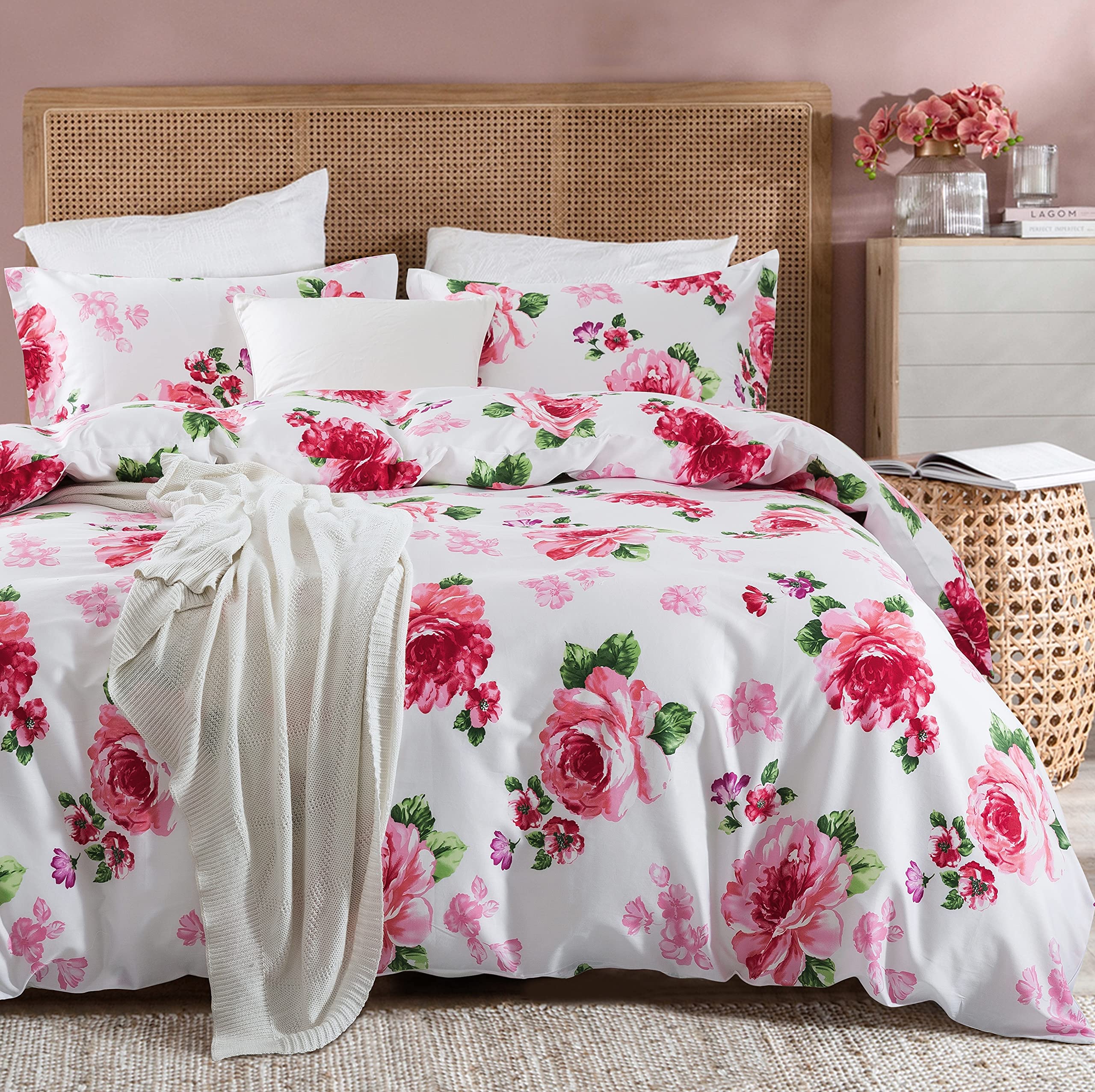 Shabby Chic Floral Duvet Cover Set - Queen Size Cottage Garden Botanical Print with Roses & Peonies | French Country Farmhouse Bedding for Master Bedroom & Guest Room Decor