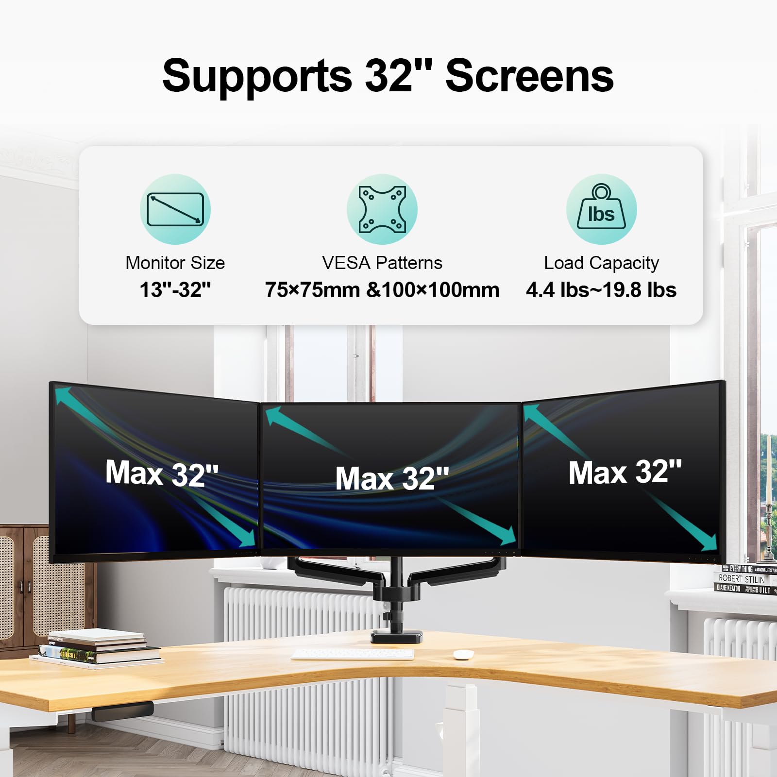 MOUNT PRO Triple Monitor Stand for 3 Screens up to 32 Inch - Heavy Duty Gas Spring Monitor Arm with Full Motion Adjustability (17.6lbs Capacity Each, VESA Compatible, Black) - Perfect for Home Office, Gaming Setup & Multi-Tasking Workspaces