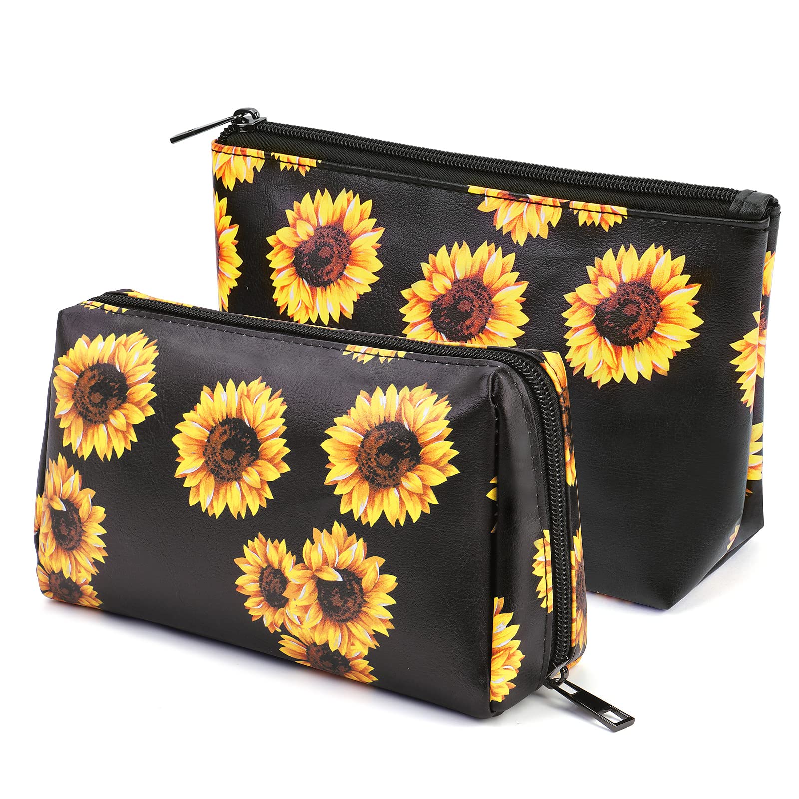 2 Pack Small Waterproof PU Leather Makeup Bag with Zipper - Travel Cosmetic Pouch for Women & Girls - Perfect for Purse, Gym, Travel & Daily Use (Black Sunflower Design)