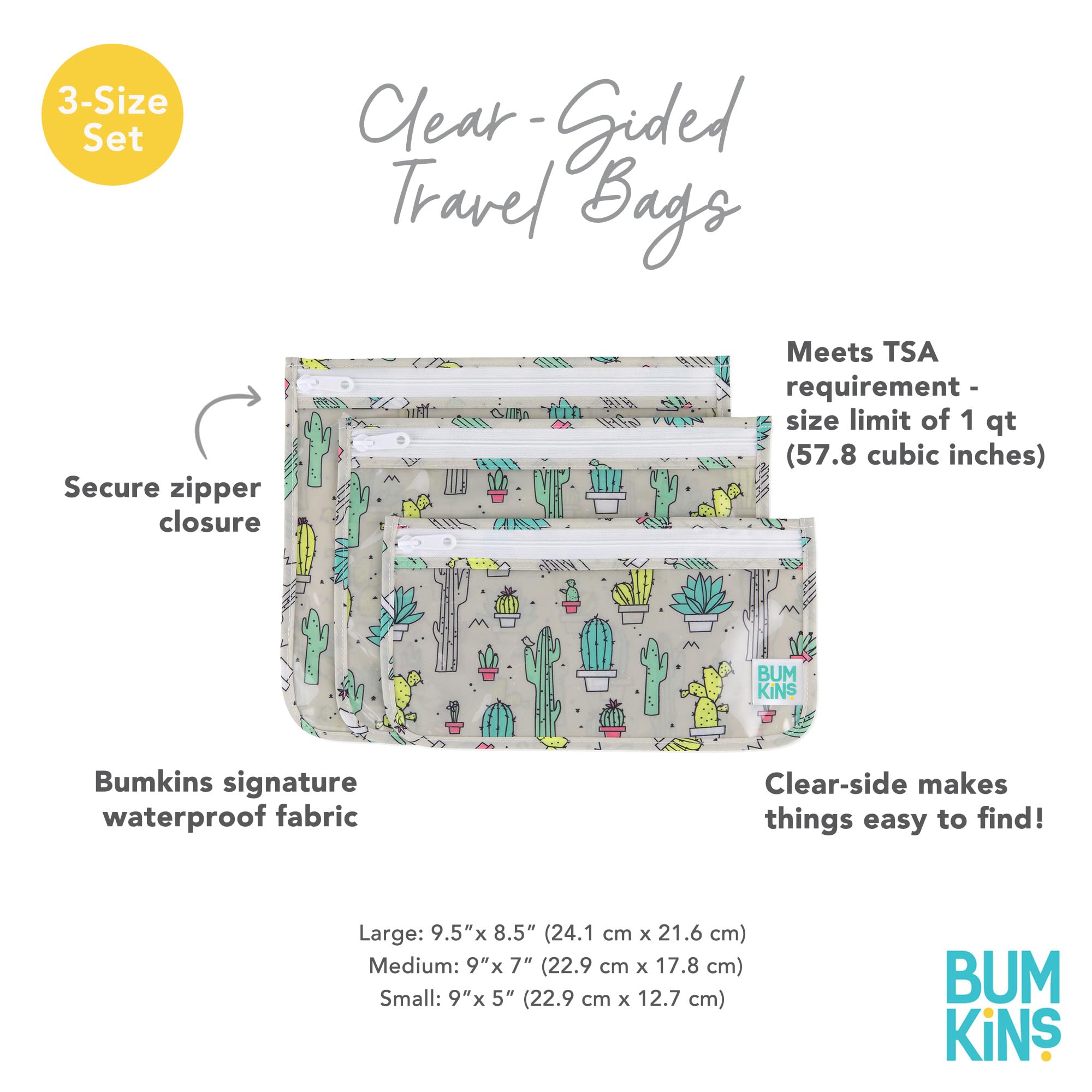 Bumkins TSA Approved Clear Toiletry Bag Set of 3 - PVC-Free & Vinyl-Free Travel Cosmetic Organizer for Airplane Carry-On, Gym, Beach & Vacation Essentials | Cactus Design