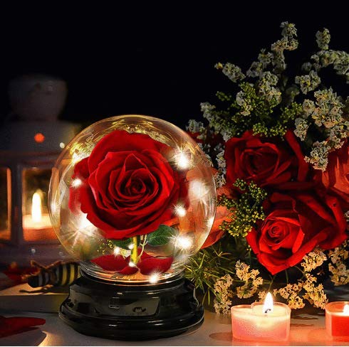 Red Silk Rose in Glass Dome with LED Light - Romantic Artificial Flower with Fallen Petals for Mother's Day, Valentine's Day, Anniversary & Birthday Gifts - Perfect for Home Decor, Wedding Centerpieces & Romantic Surprises