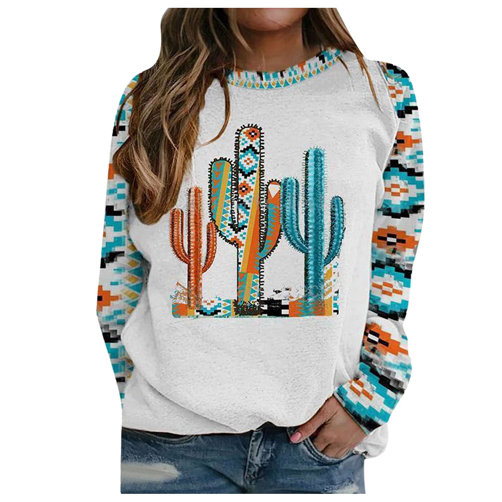 Women's Loose Round Neck Long Sleeve Thermal Print T-Shirt - Casual Basic White Blouse for Everyday Wear, Work & Layering