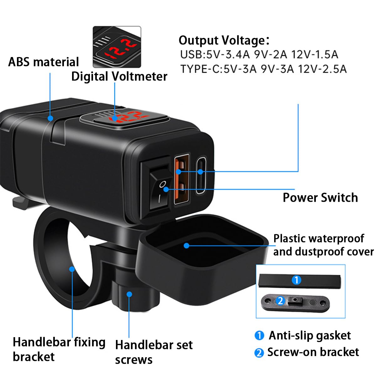 Waterproof Motorcycle USB Phone Charger with Voltmeter & ON/Off Switch - Dual QC 3.0 Fast Charging SAE to USB Adapter for Phone, Tablet, GPS - Ideal for Harley, Honda, Yamaha & Adventure Riding (Red)