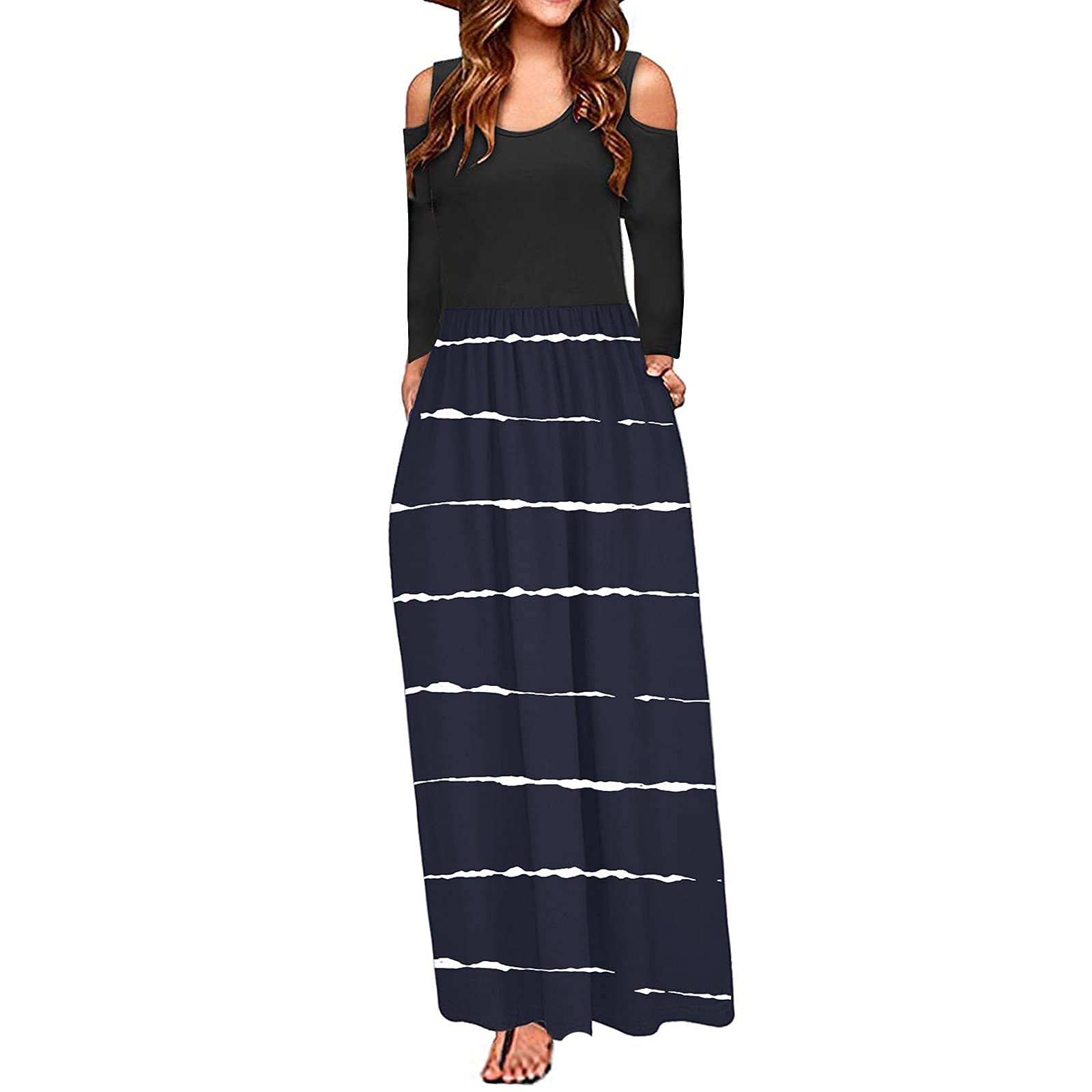 Women's Floral Maxi Dress - Long Sleeve Cold Shoulder Crewneck Summer Fall Dressy Graphic Print Dress | Perfect for Weddings, Parties & Casual Outings