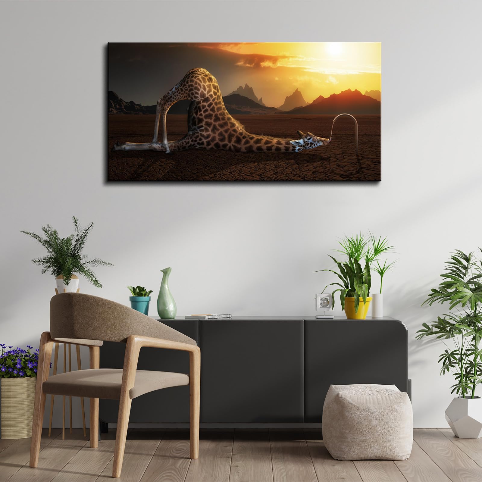 YONICA Funny Giraffe Drinking Water Canvas Wall Art - 20x40 Inch Nature Animal Painting for Home Decor, Living Room, Bedroom & Office - Perfect for Modern Interior Design & Gift Giving
