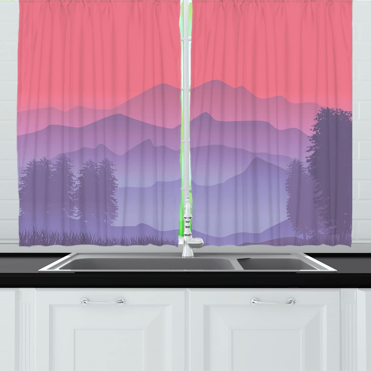 Ambesonne Ombre Foggy Mountains Landscape Long Kitchen Curtains - Modern Nature Silhouette Print Drapes with Rod Pocket, 55