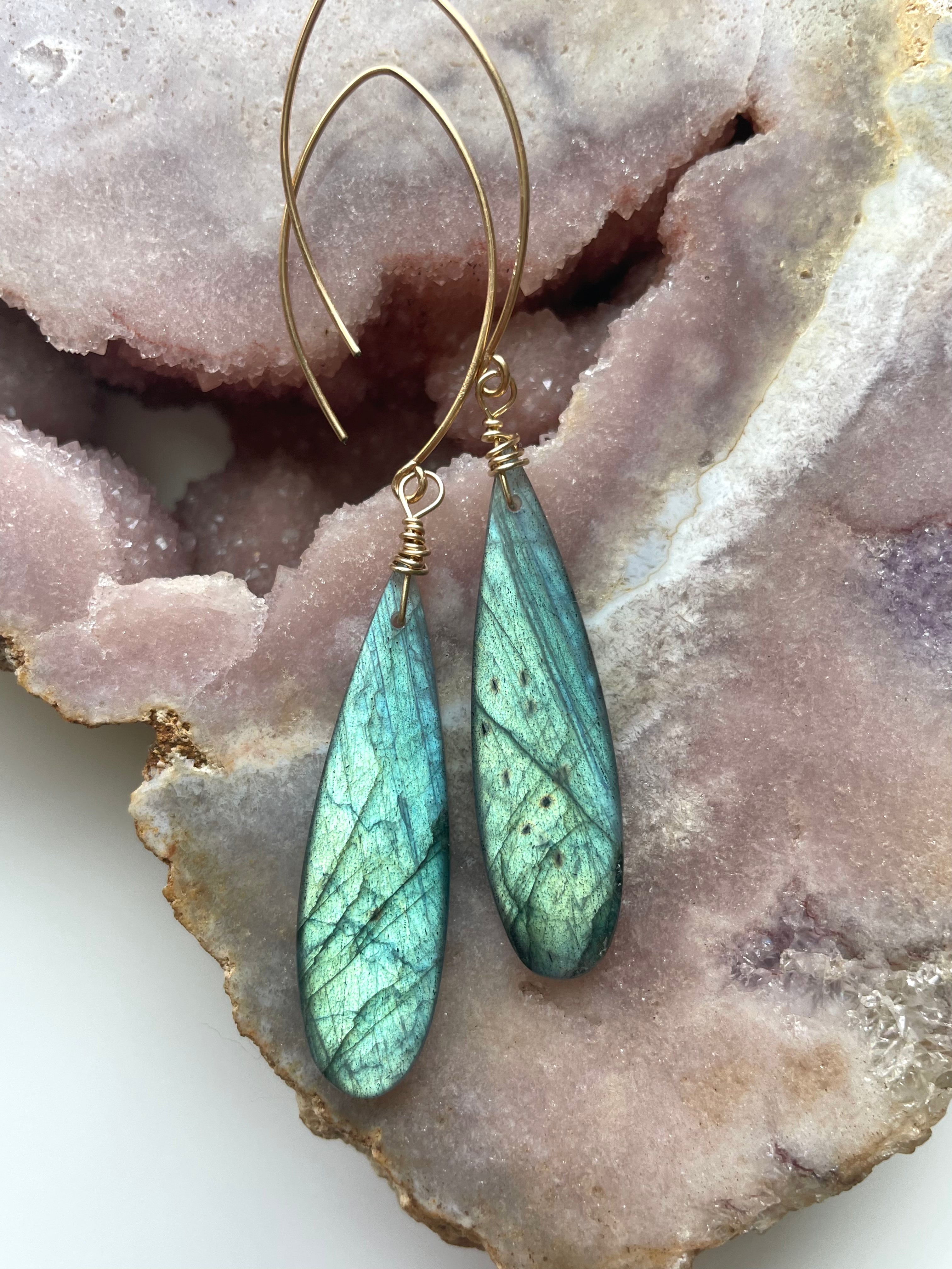 Gold Labradorite Dangle Drop Crystal Earrings for Women | Elegant Gemstone Jewelry Gift for Birthday, Party & Special Occasions