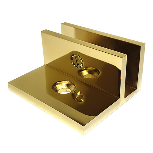 Perth Series Frameless Shower Screen Wall Bracket with Leg - No Drill Clamp for 10mm Glass in Polished Brass | Square Design for Modern Bathrooms & Spa Showers
