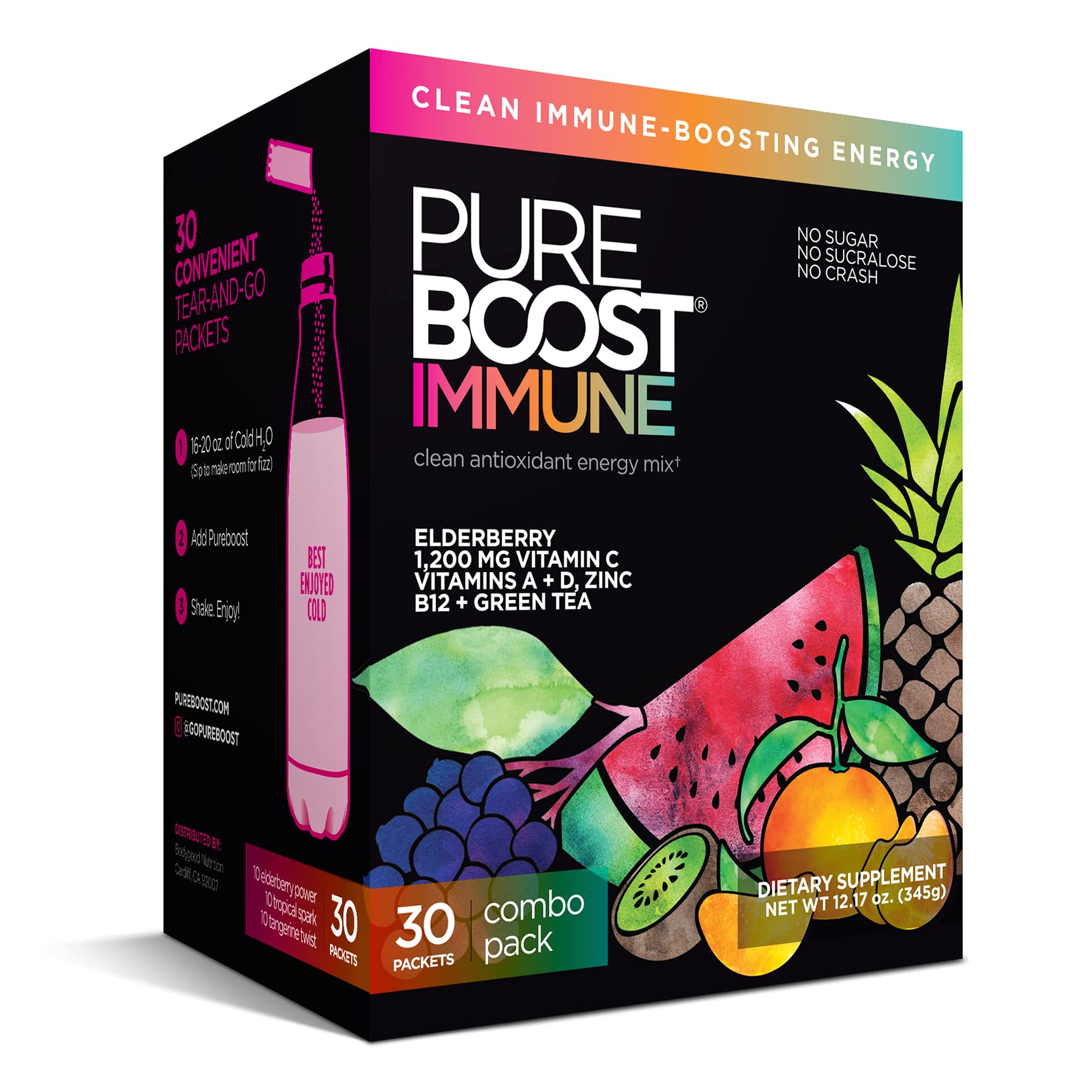 Pureboost Immune Clean Energy Drink Mix - Immune Support Supplement with Elderberry, 1200mg Vitamin C, Vitamins A+D, Zinc & 28 Essential Nutrients (30 Packets) - Boost Energy & Immunity for Workouts, Travel & Daily Wellness