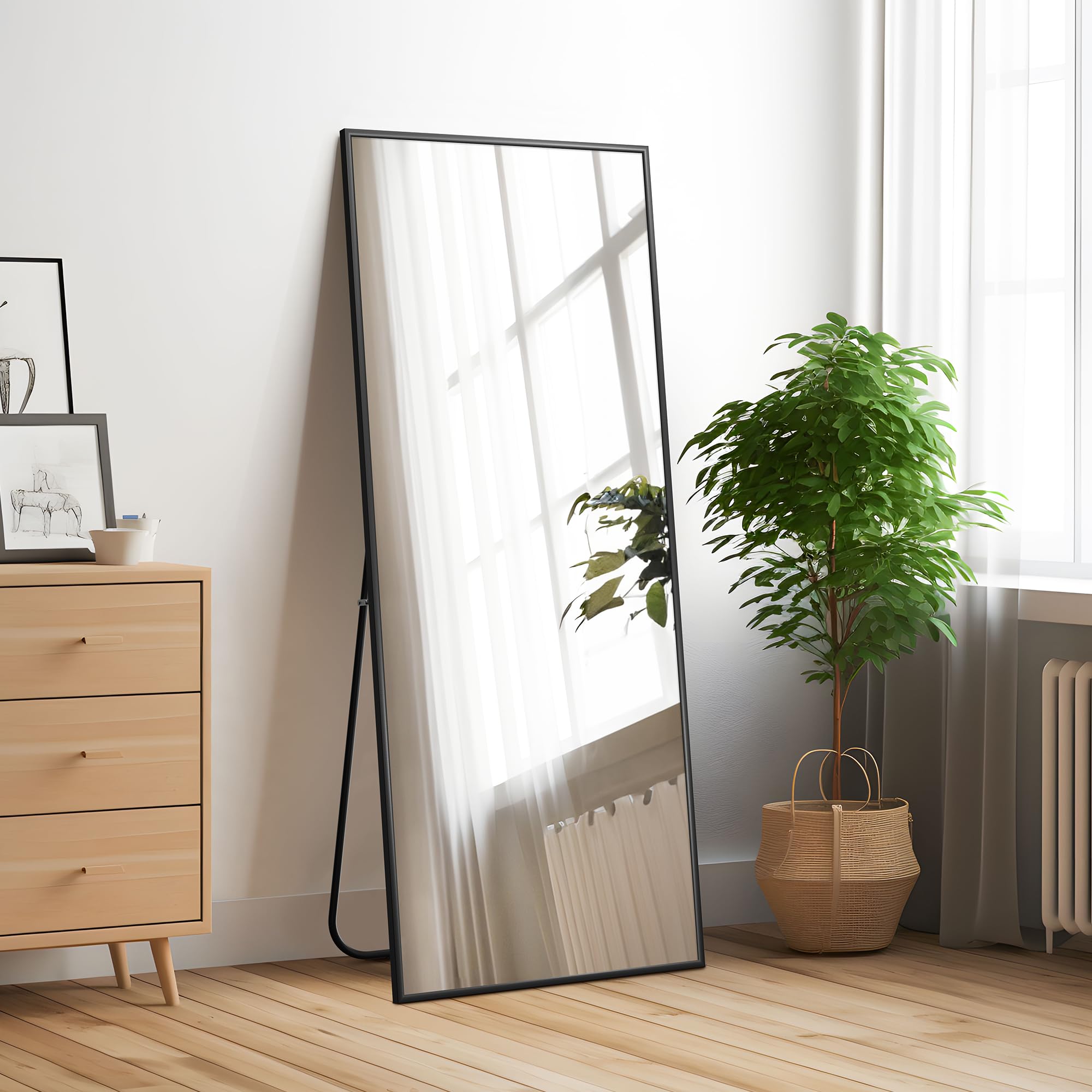 KIAYACI 43x16 Inch Full Length Floor Mirror with Stand - Large Wall Mounted Full Body Mirror for Bedroom & Dressing Room - Horizontal/Vertical Aluminum Alloy Frame Mirror in Black - Perfect for Home Decor, Outfit Checks & Selfie Backgrounds