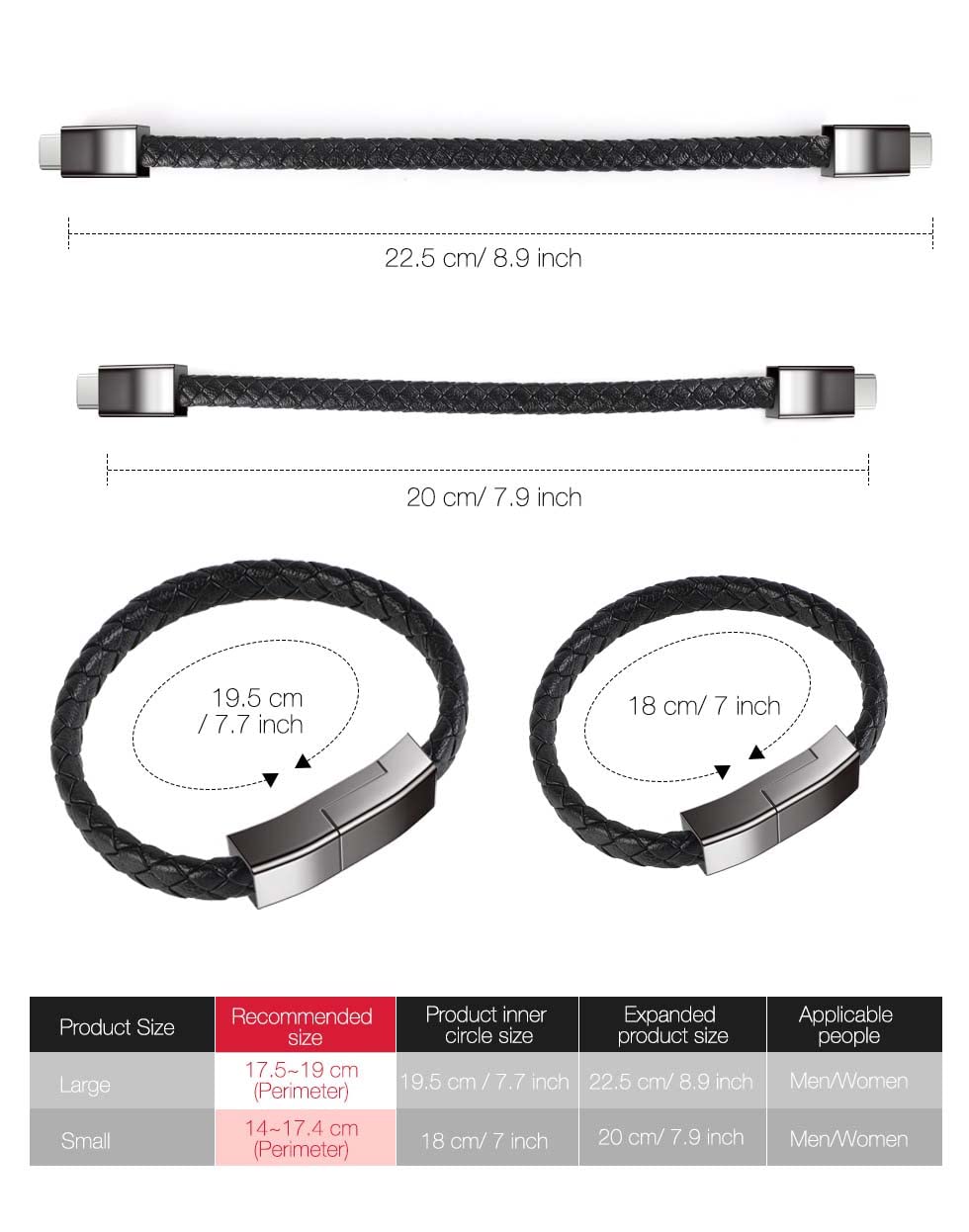 Premium USB C to USB C Charging Cable - 22.5cm Short Braided Leather Bracelet Style for Samsung/Huawei/LG/Google Android - Perfect for Travel, Office & On-the-Go Charging