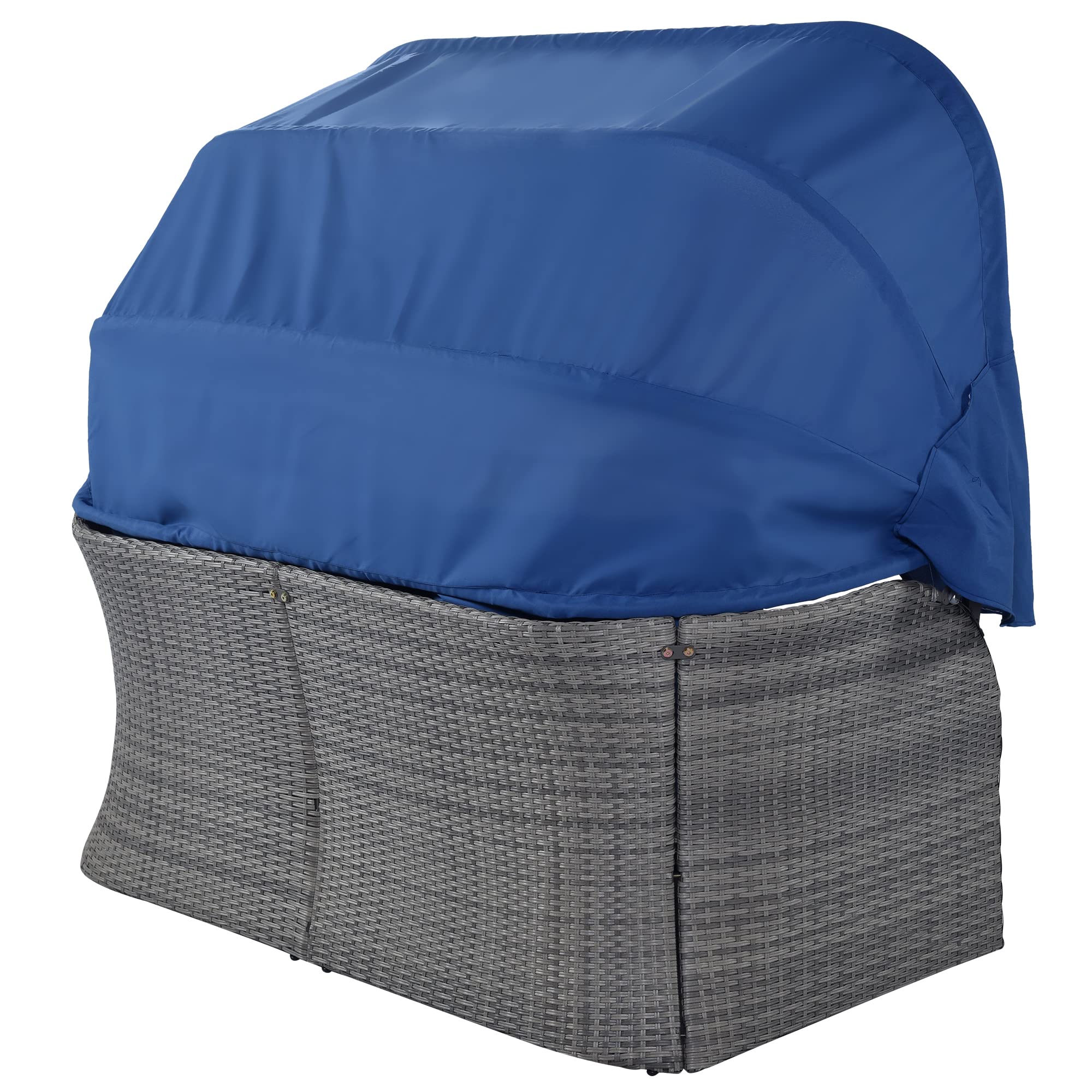 Polibi Patio Sunbed with Retractable Canopy - Rattan Wicker Outdoor Furniture Set with Soft Blue Cushions - Daybed Sofa Conversation Set for Garden, Yard, Poolside & Patio Relaxation
