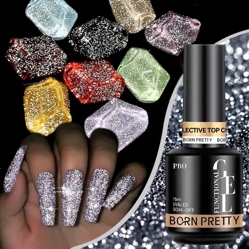 Born Pretty Reflective Glitter Top Coat Nail Polish - High Shine Glitter Finish for Gel & Regular Polish | Perfect for Parties, Nail Art & Special Occasions