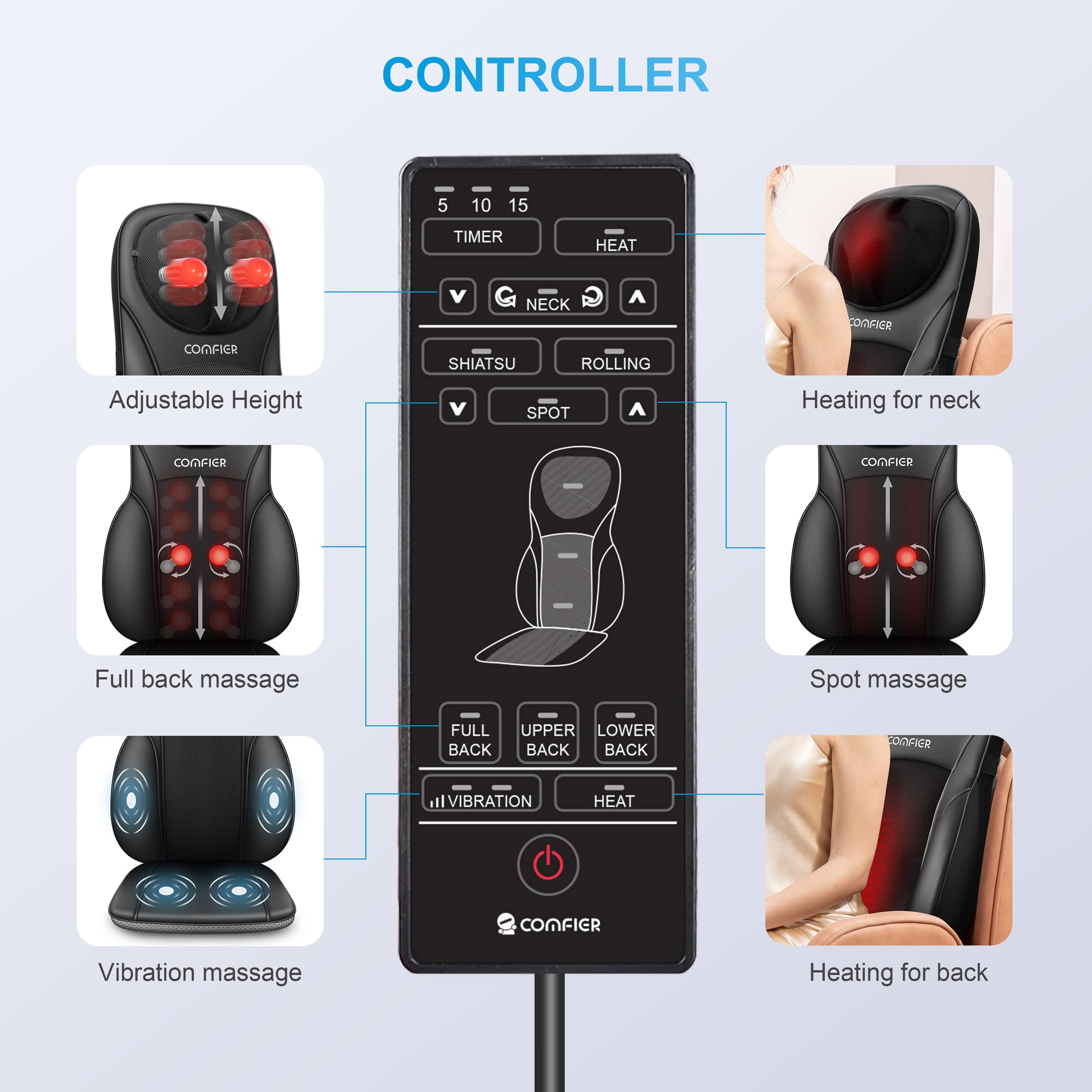 COMFIER Shiatsu Neck & Back Massager with Heat - Adjustable Massage Chair Pad for Full Body Relaxation - Ideal Gift for Dad - Perfect for Office, Home & Car Use