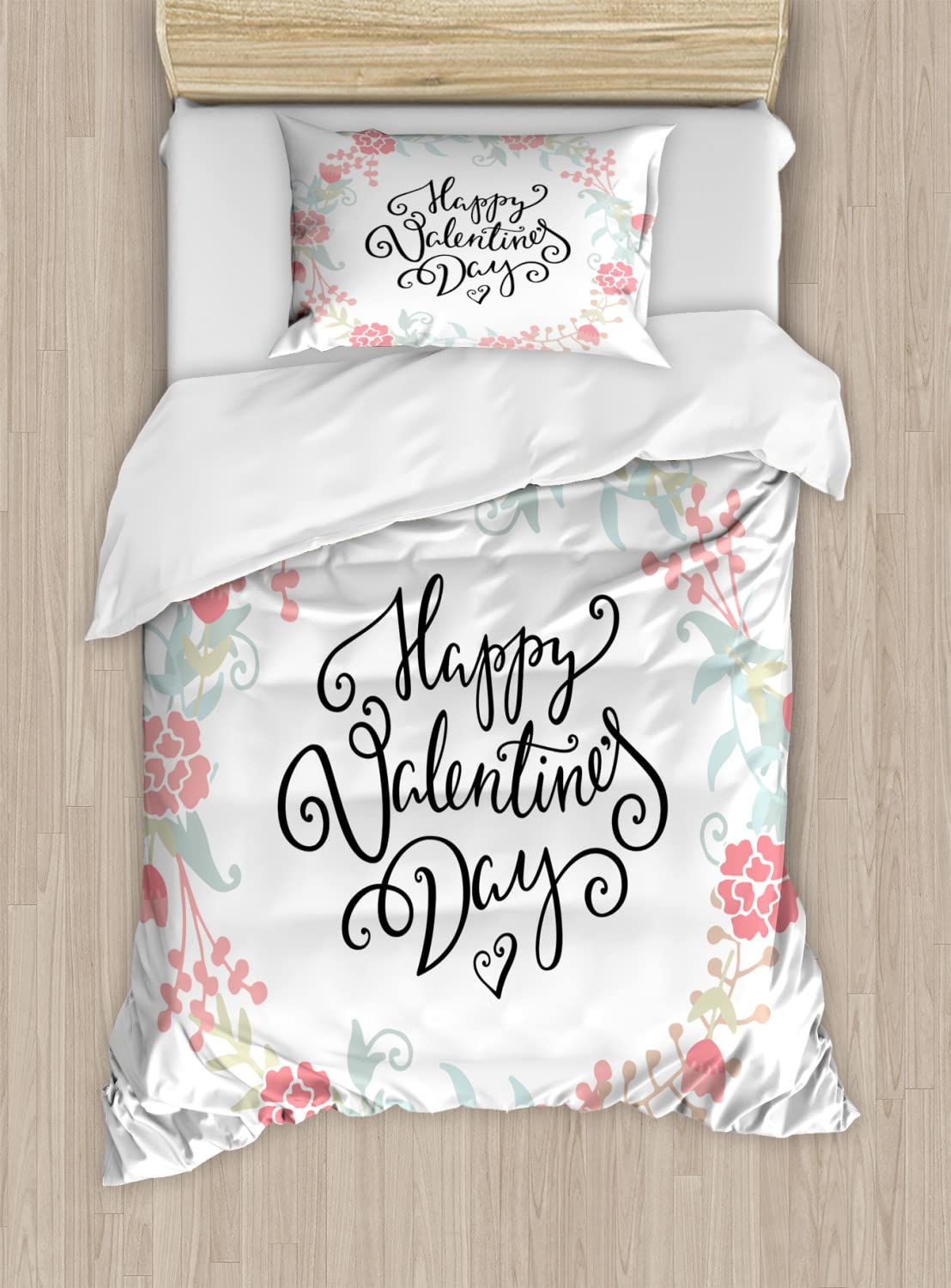 Ambesonne Valentine's Day Duvet Cover Set - Floral Roses Tulips Hearts Design, 2-Pack Twin Size Bedding Set with 2 Duvet Covers & 2 Pillowcases, White & Black - Perfect for Romantic Bedrooms, Guest Rooms & Valentine's Day Gifts