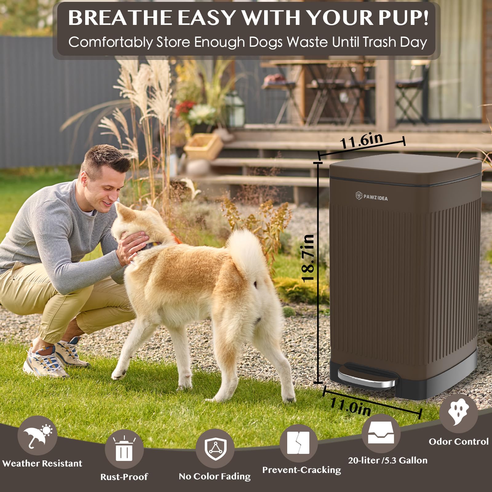 PAWZIDEA 5.3 Gallon Odor-Proof Dog Waste Station with Lid - Activated Carbon Outdoor Pet Poop Trash Can, Waterproof Dog Poop Disposal Bin for Backyard, Garden & Patio - Ideal for Pet Waste Management & Odor Control
