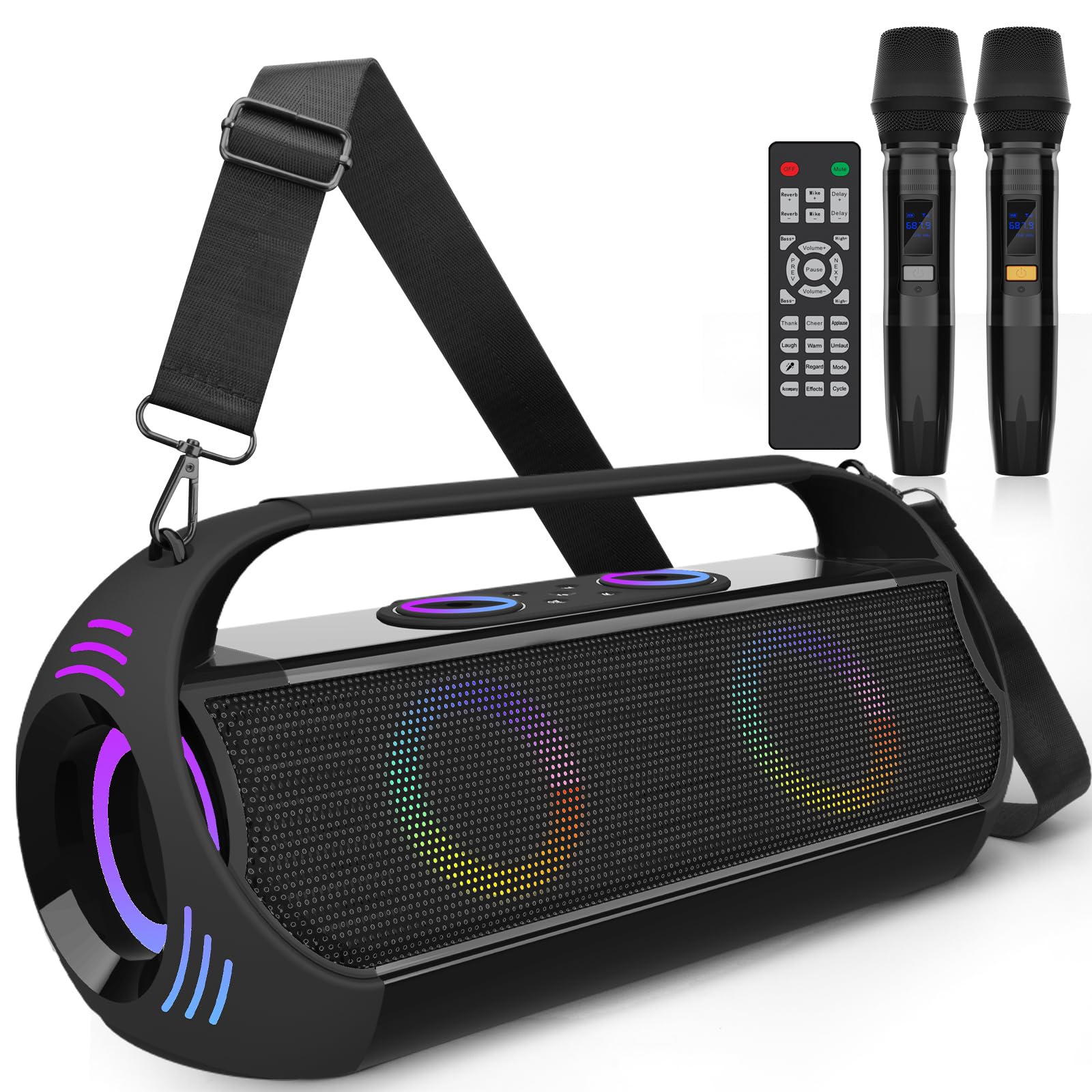 160W Karaoke Machine with 2 Wireless Microphones - Bluetooth Speaker, 20H Playtime, LED Light Show, 2+2 Stereo, Bass Boost 3.0 - Supports RC/REC/HP/AUX/USB/TF - Perfect for Parties, Camping, Outdoor Gatherings & Home Entertainment (Plus-Black)