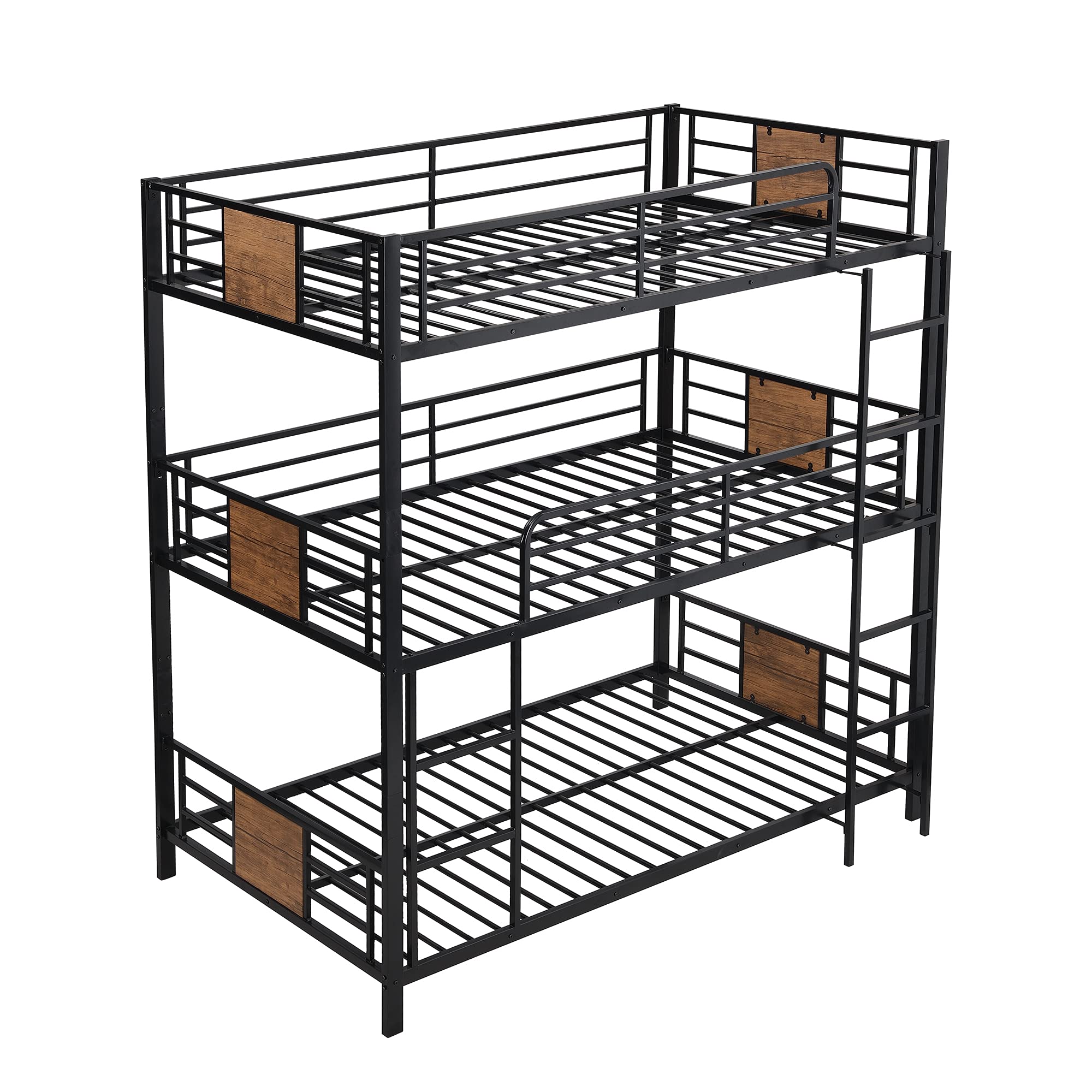 Sturdy Metal Triple Bunk Bed Frame - Twin Over Twin Over Twin with Safety Guardrails & Built-in Ladder - Space-Saving Solution for Kids & Teens (Black/Brown/Steel) - Perfect for Dorms, Hostels, and Shared Kids' Rooms